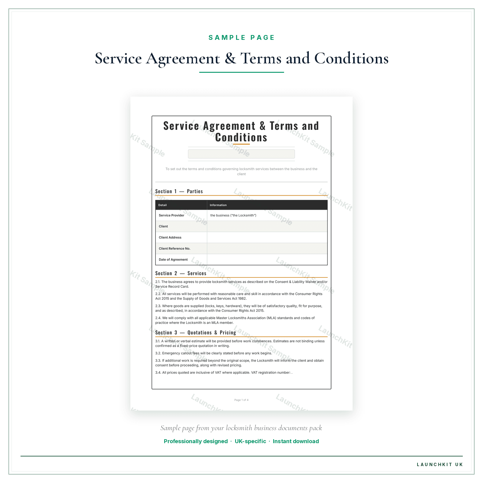 Service Agreement & Terms and Conditions sample page from the Locksmith Business Documents — Essential pack — watermarked LaunchKit Sample
