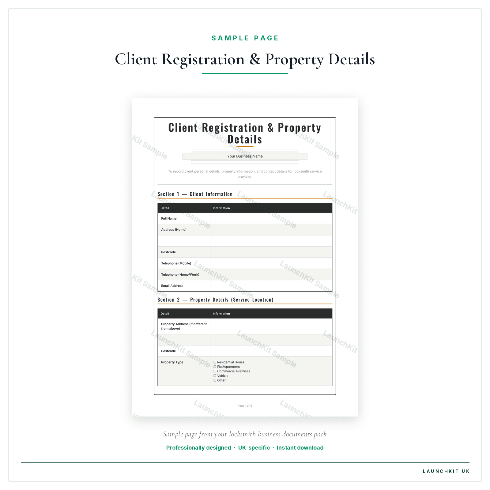Client Registration & Property Details sample page from the Locksmith Business Documents — Standard pack — watermarked LaunchKit Sample