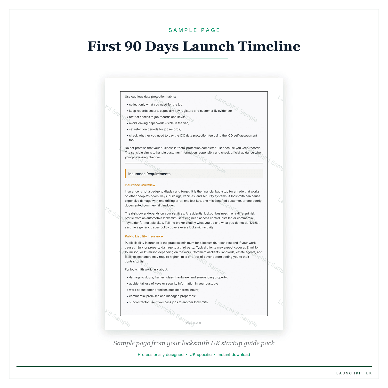 First 90 Days Launch Timeline sample page from the Locksmith Startup Guide pack — watermarked LaunchKit Sample