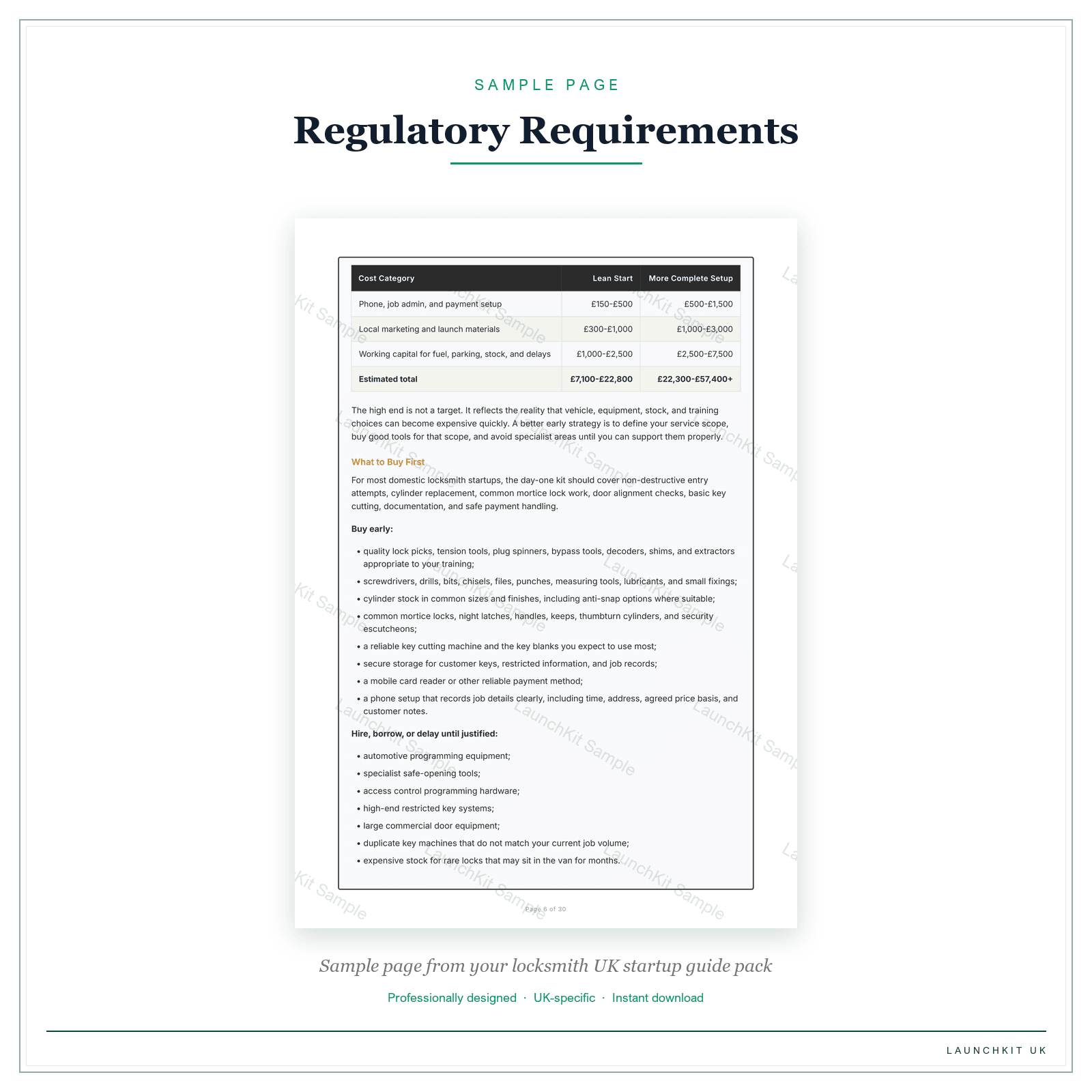 Regulatory Requirements sample page from the Locksmith Startup Guide pack — watermarked LaunchKit Sample