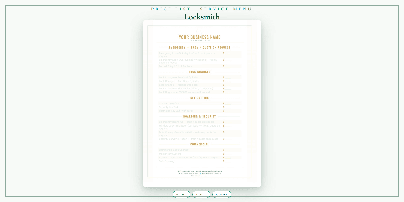 Locksmith — Price List & Service Menu, PDF product overview