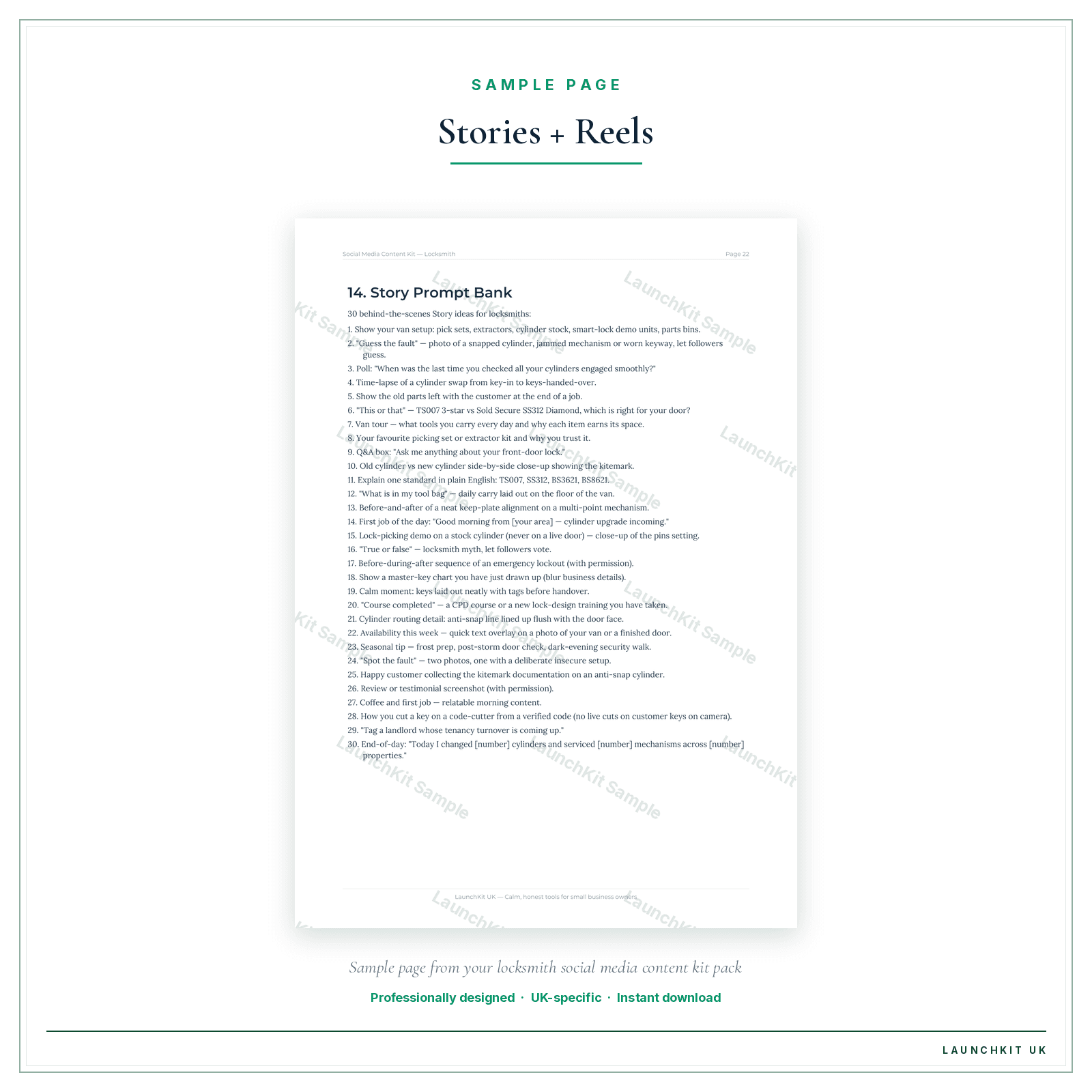 Stories + Reels sample page from the Locksmith Social Media Content Kit pack — watermarked LaunchKit Sample