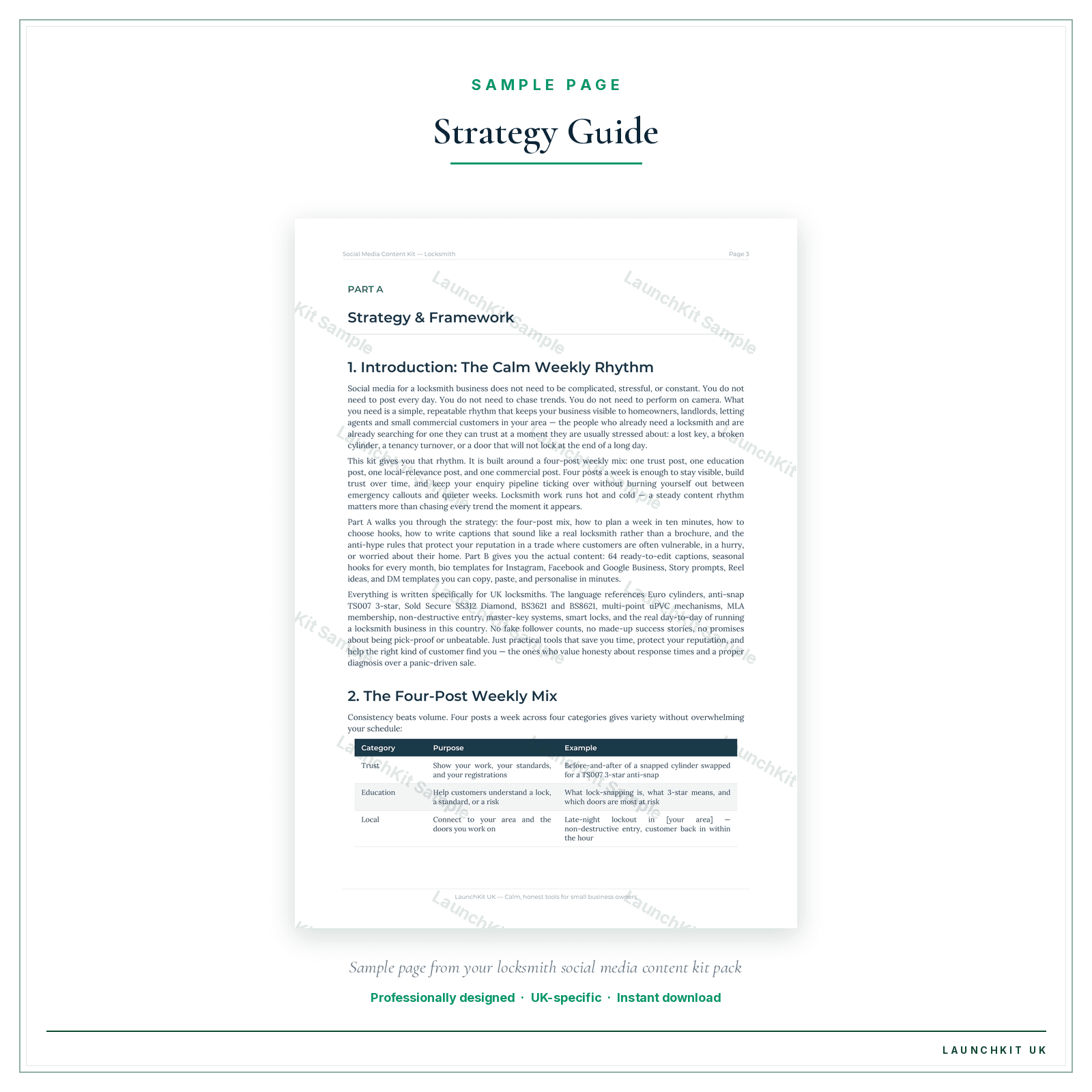 Strategy Guide sample page from the Locksmith Social Media Content Kit pack — watermarked LaunchKit Sample