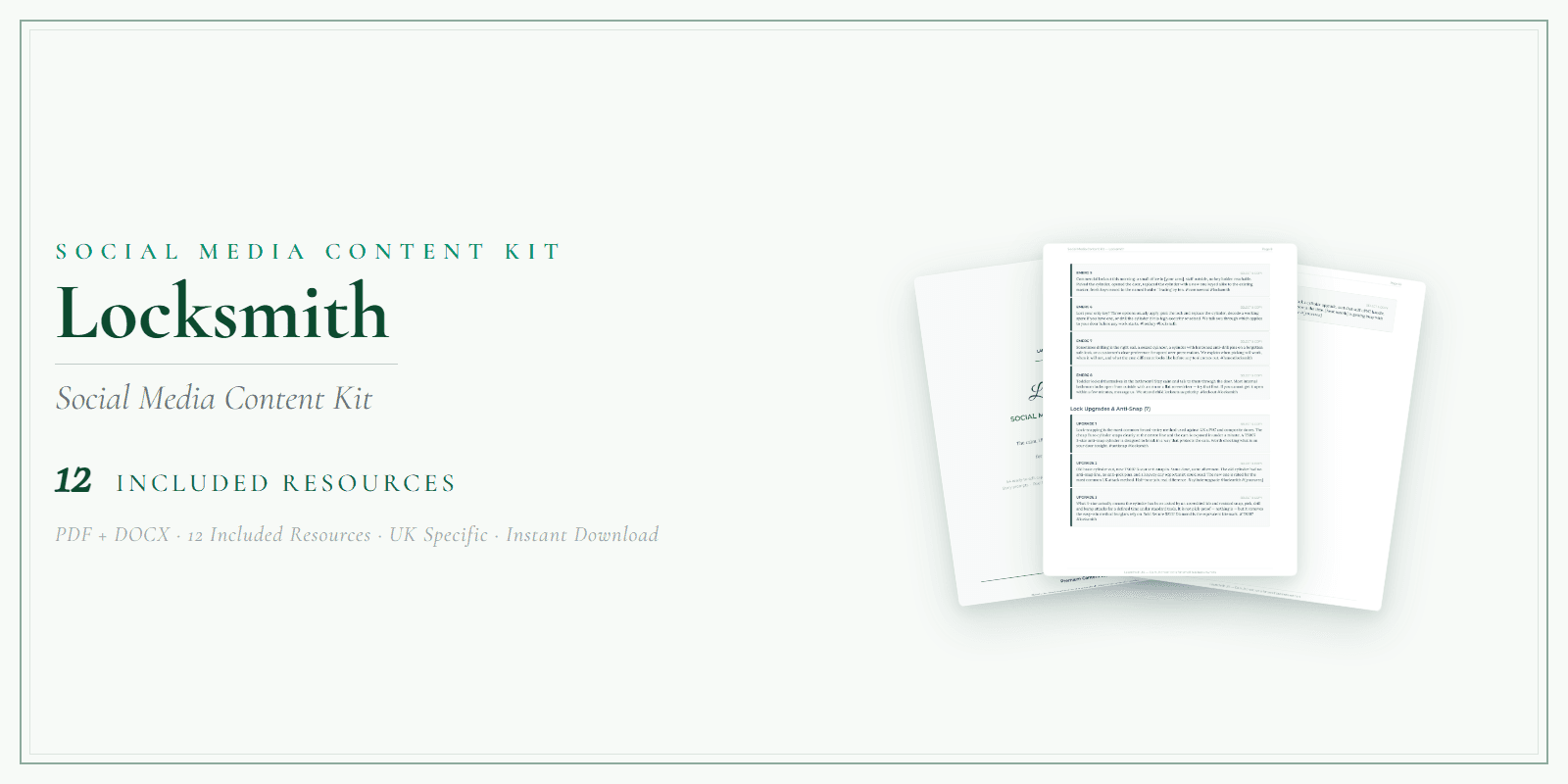 Locksmith — Social Media Content Kit, PDF and editable DOCX product overview