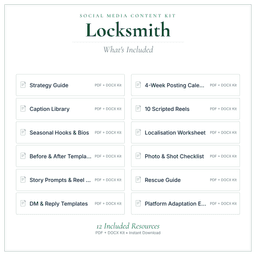 Locksmith — Social Media Content Kit, PDF and editable DOCX what's included preview