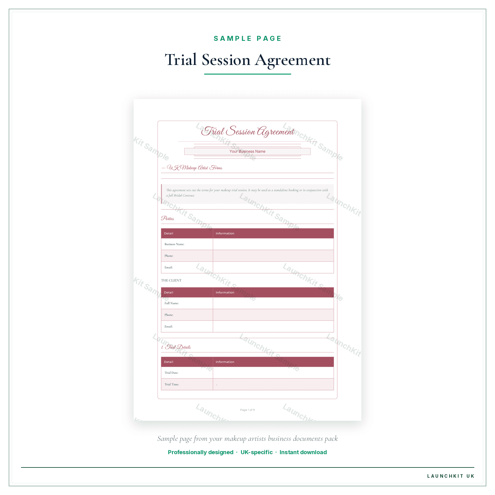 Trial Session Agreement sample page from the Makeup Artists Business Documents — Premium pack — watermarked LaunchKit Sample