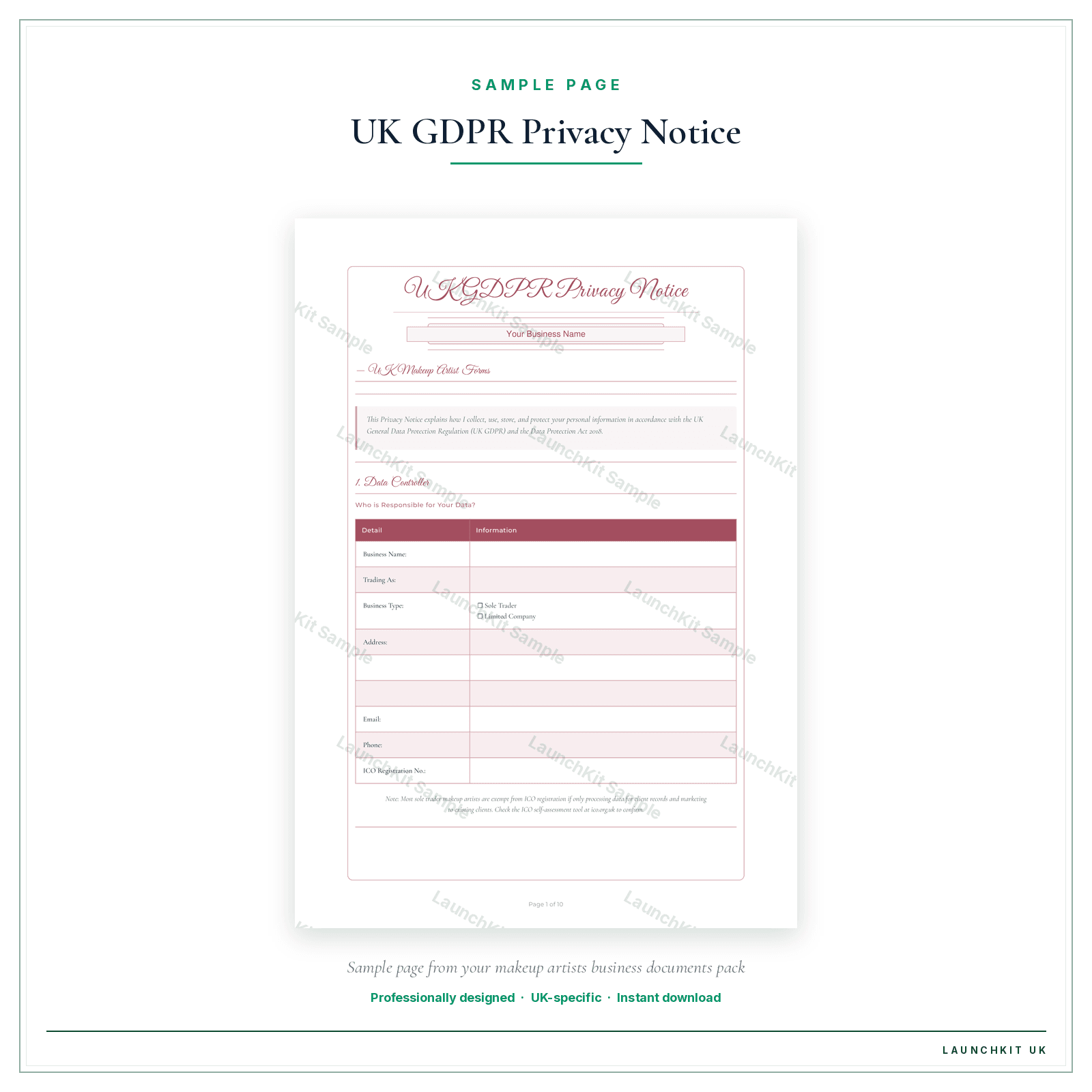 UK GDPR Privacy Notice sample page from the Makeup Artists Business Documents — Premium pack — watermarked LaunchKit Sample