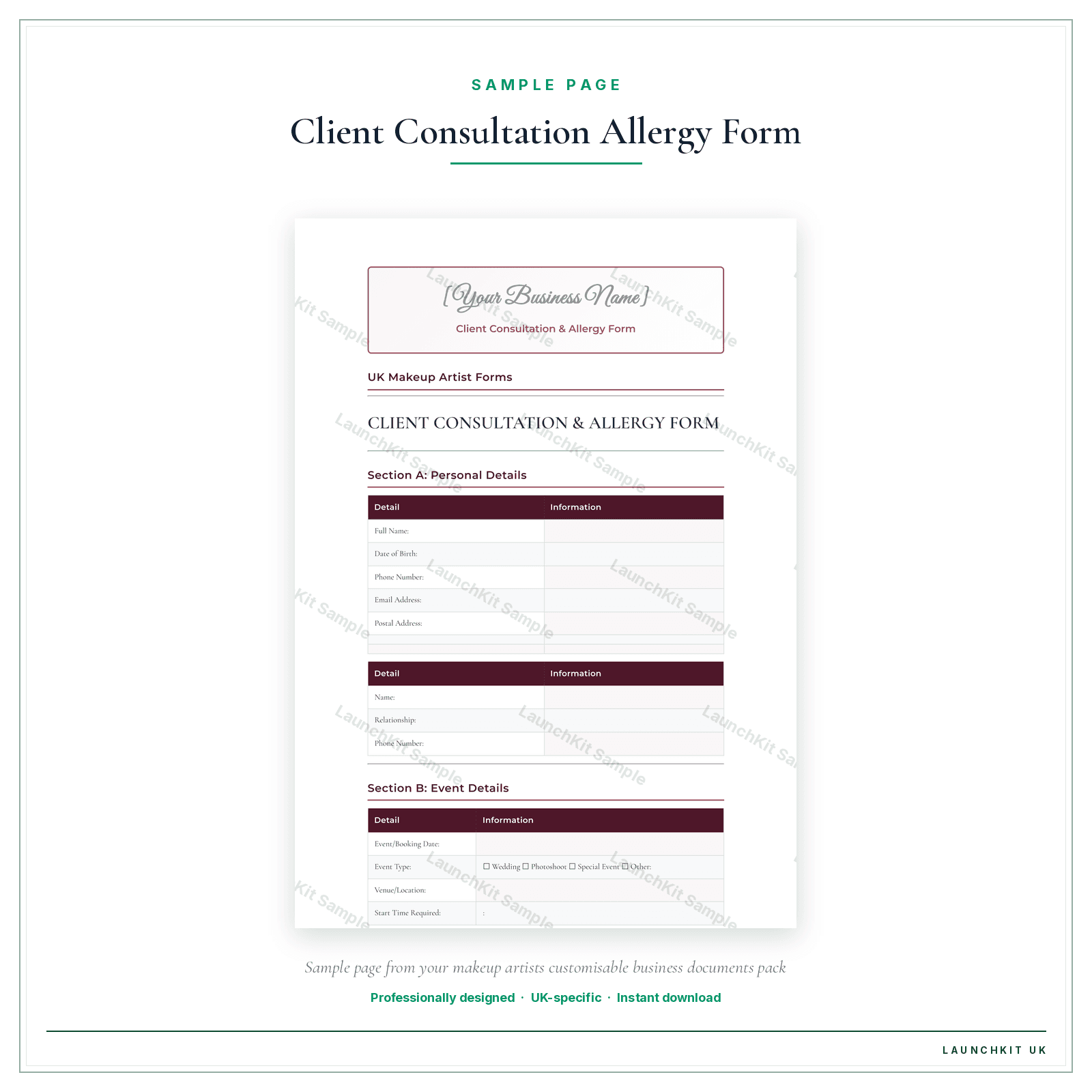Client Consultation & Allergy Form sample page from the Makeup Artists Business Documents — Customisable pack — watermarked LaunchKit Sample