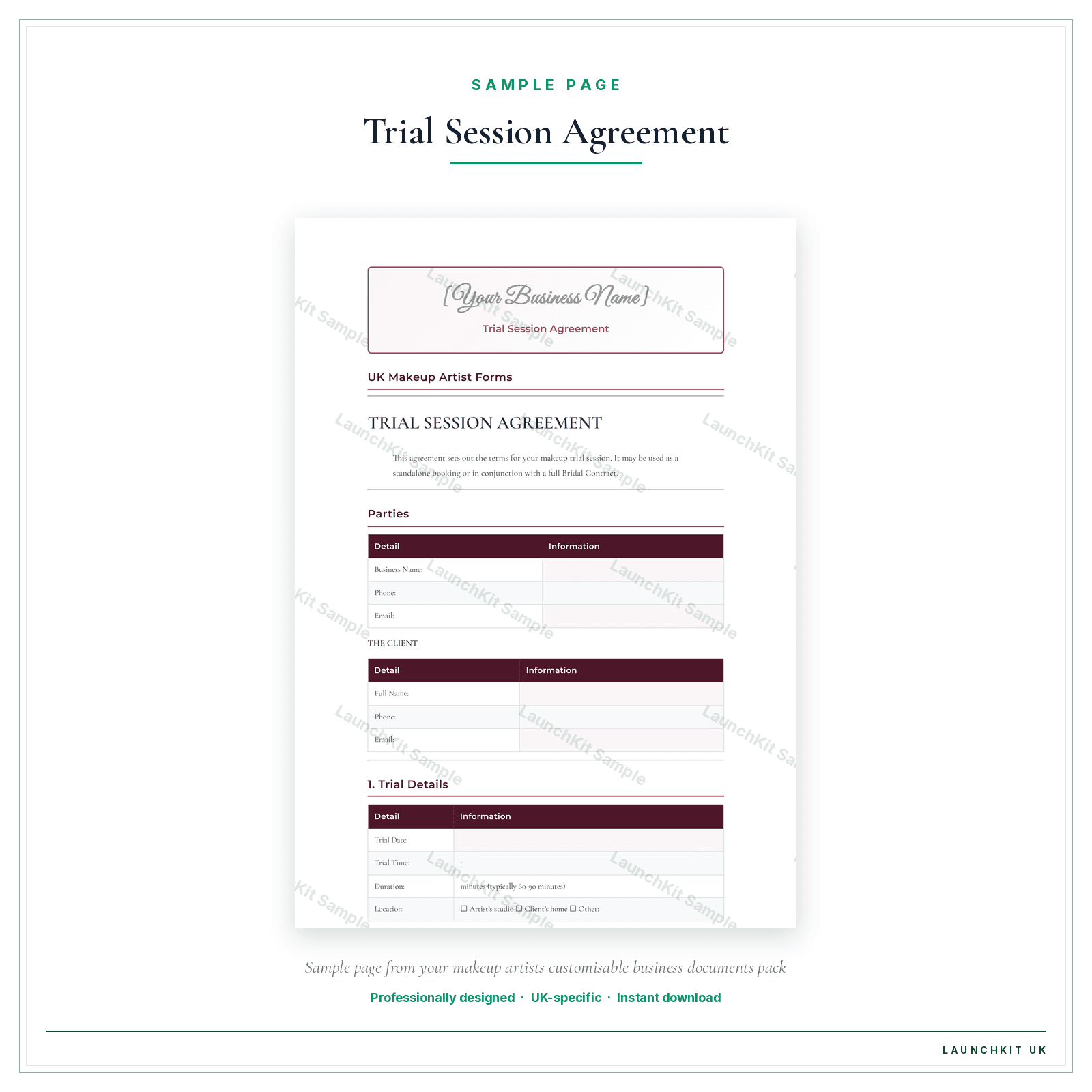 Trial Session Agreement sample page from the Makeup Artists Business Documents — Customisable pack — watermarked LaunchKit Sample