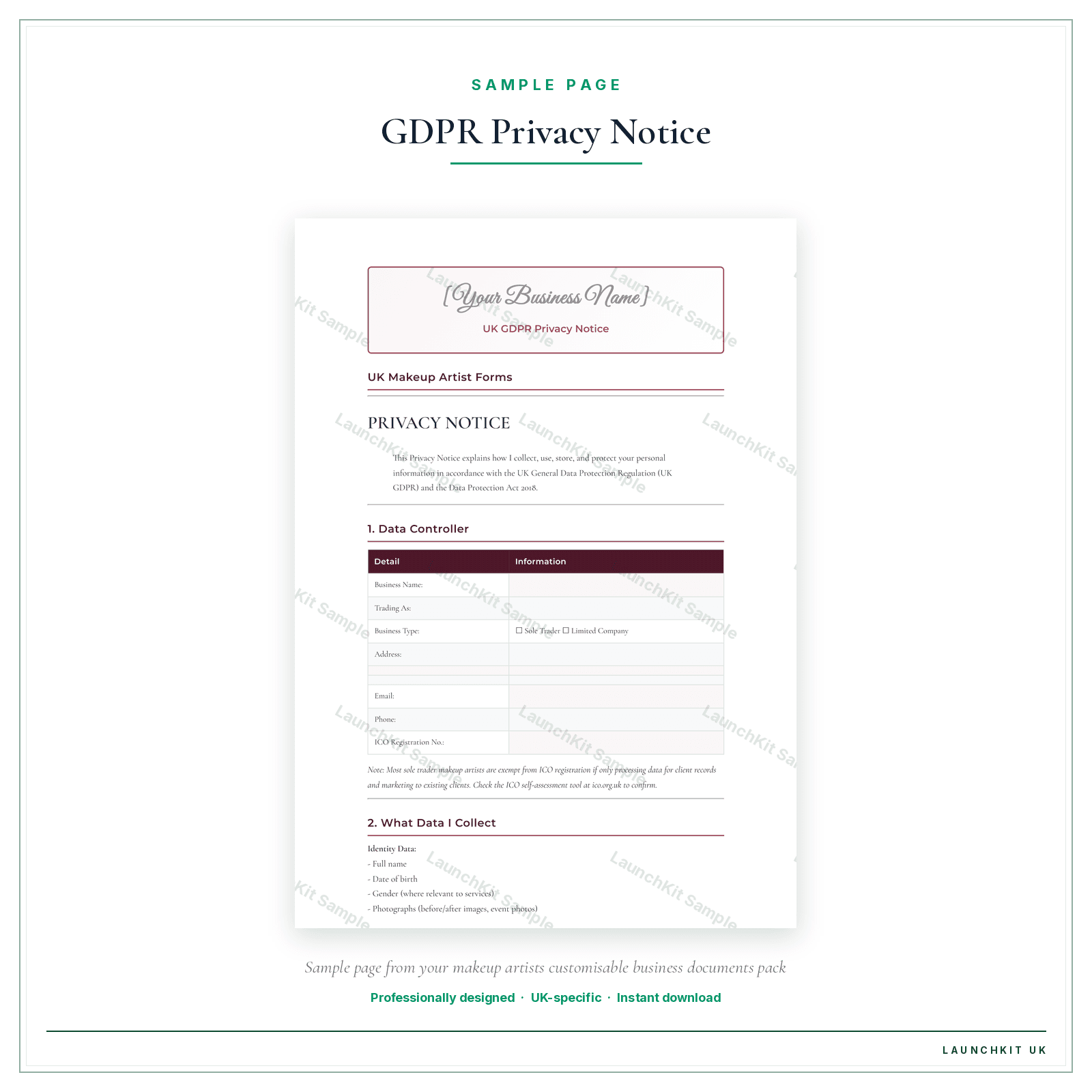 UK GDPR Privacy Notice sample page from the Makeup Artists Business Documents — Customisable pack — watermarked LaunchKit Sample