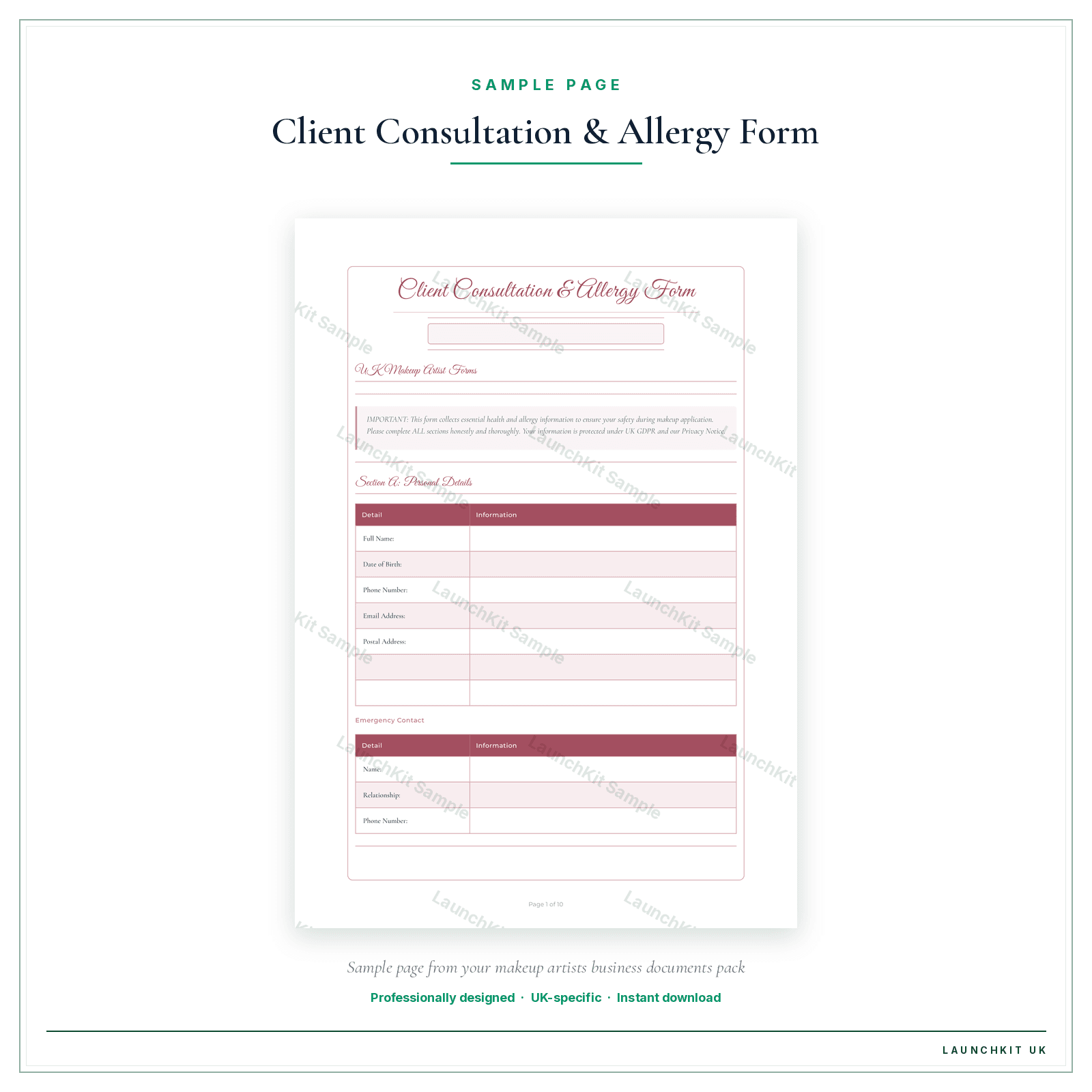 Client Consultation & Allergy Form sample page from the Makeup Artists Business Documents — Essential pack — watermarked LaunchKit Sample