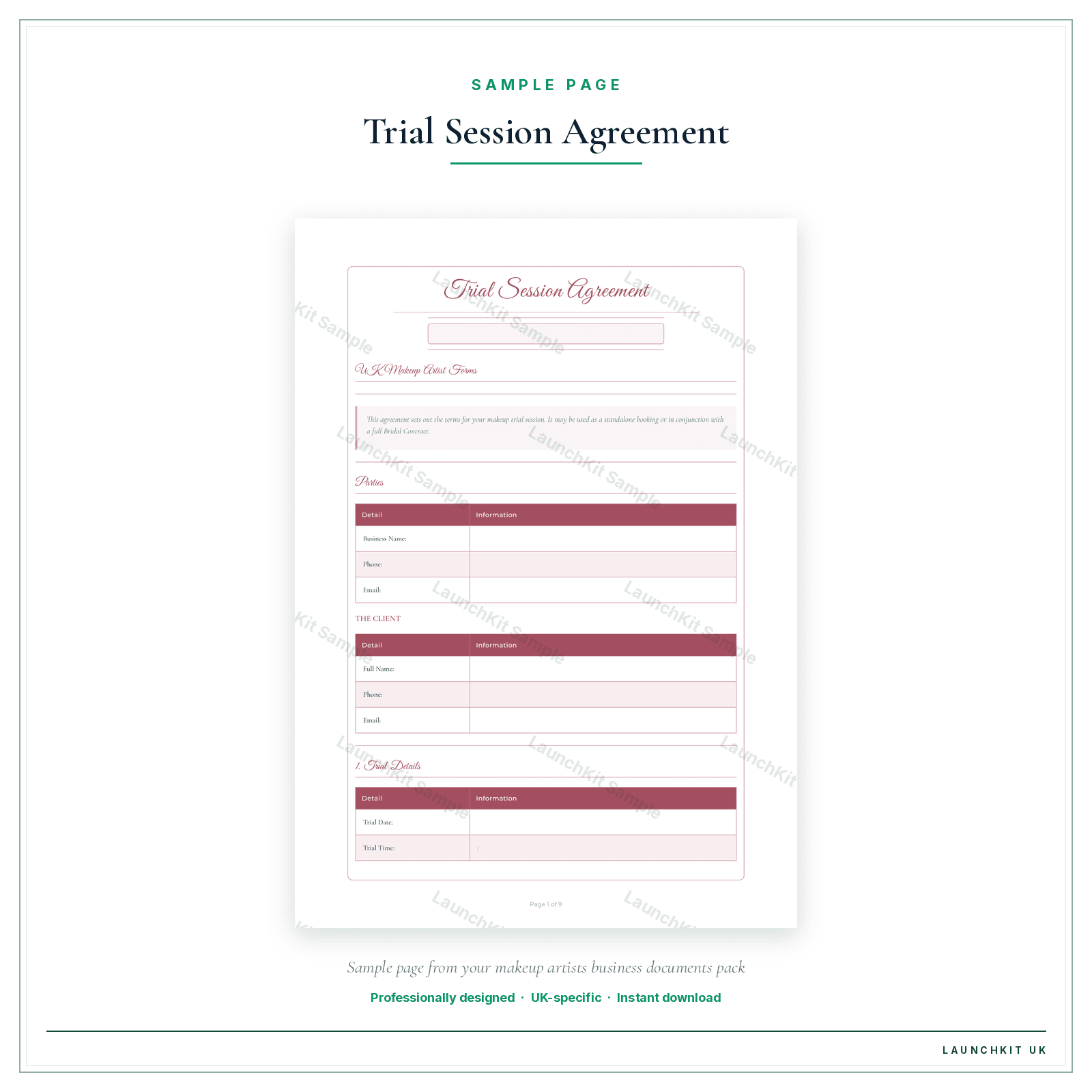 Trial Session Agreement sample page from the Makeup Artists Business Documents — Essential pack — watermarked LaunchKit Sample