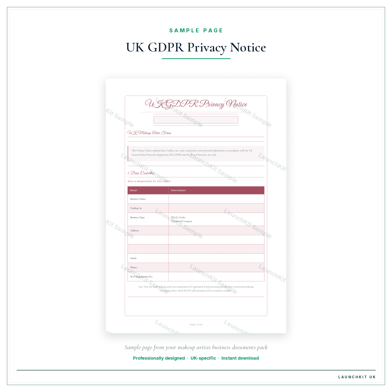 UK GDPR Privacy Notice sample page from the Makeup Artists Business Documents — Essential pack — watermarked LaunchKit Sample