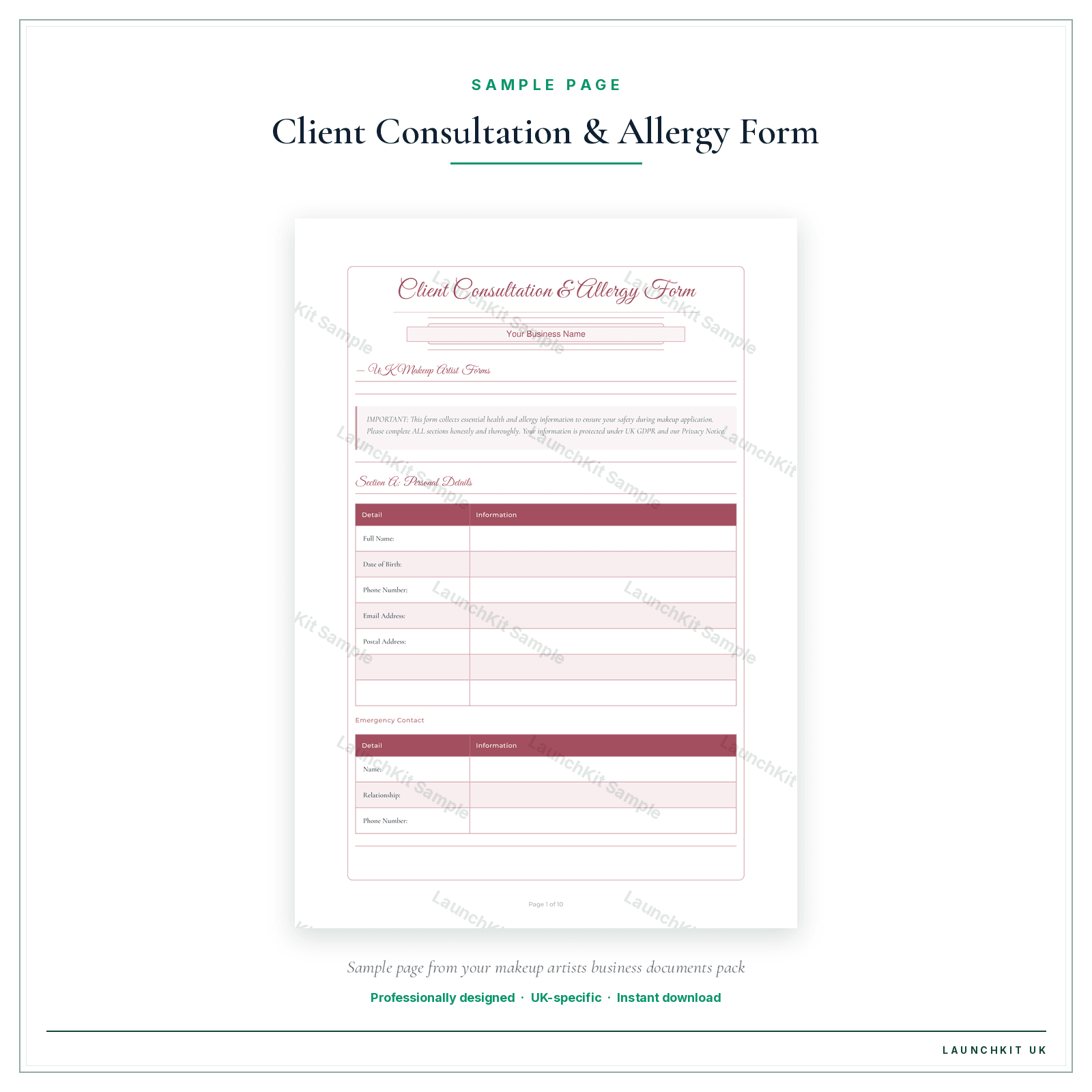 Client Consultation & Allergy Form sample page from the Makeup Artists Business Documents — Standard pack — watermarked LaunchKit Sample