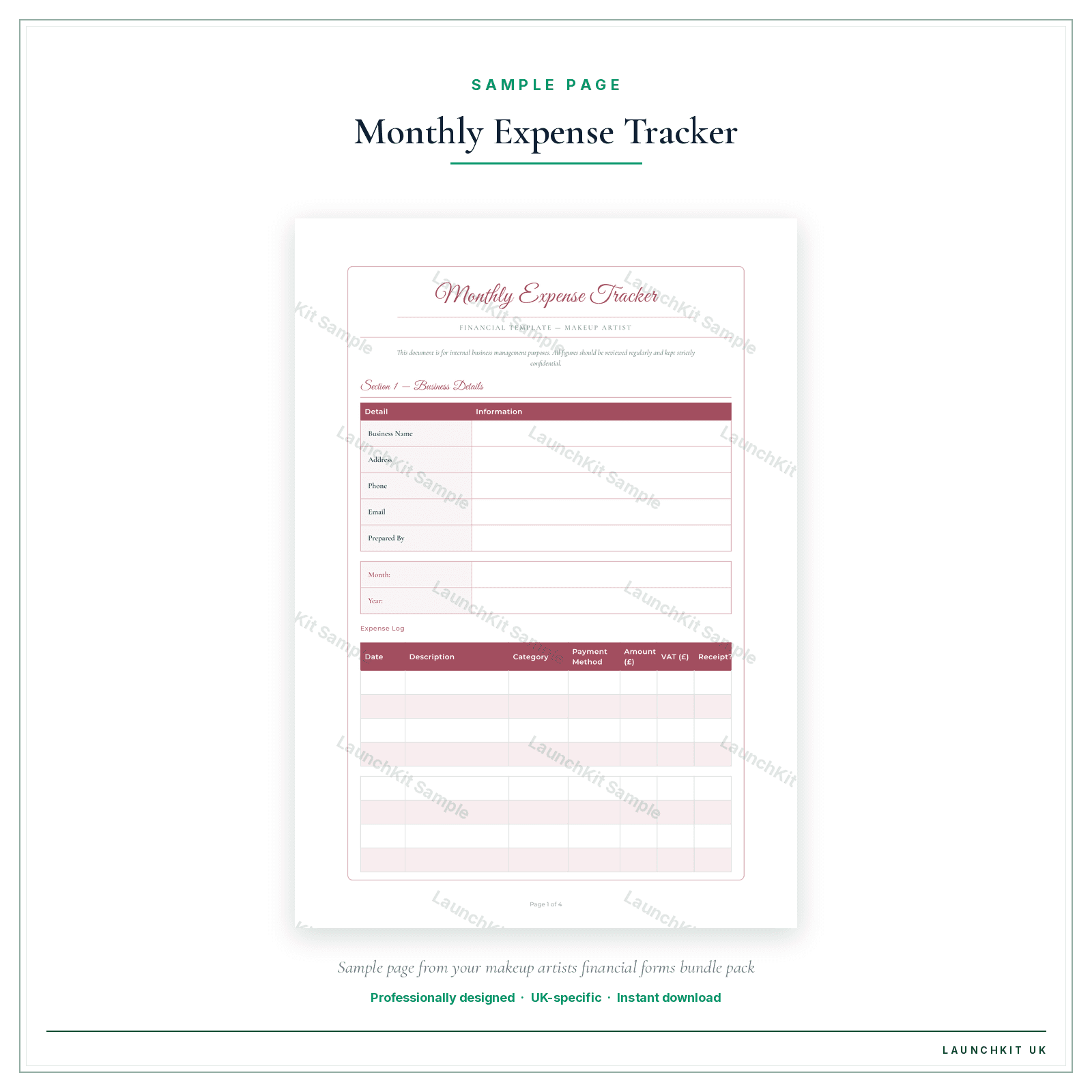 Monthly Expense Tracker sample page from the Makeup Artists Financial Forms Bundle — Premium pack — watermarked LaunchKit Sample
