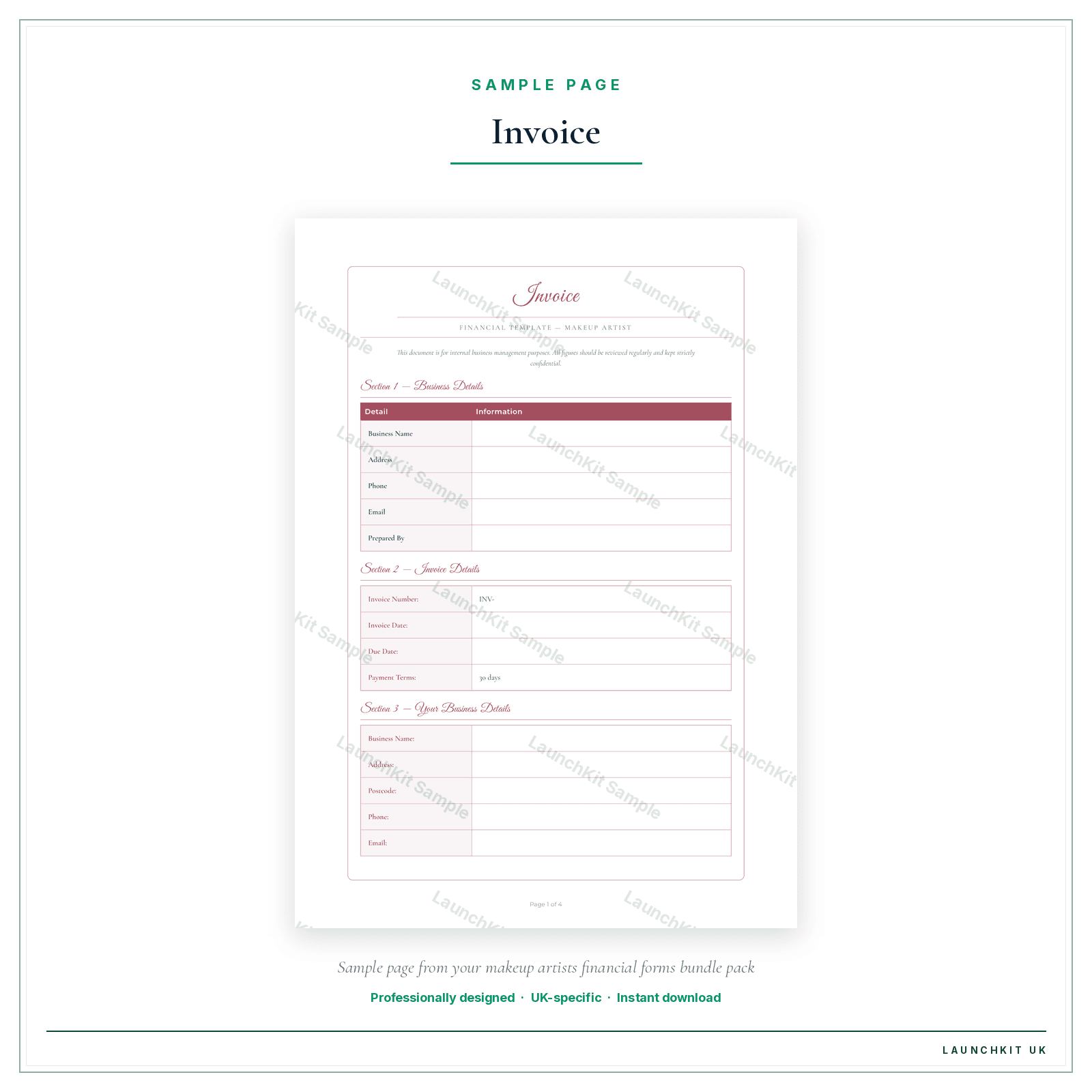 Invoice sample page from the Makeup Artists Financial Forms Bundle — Premium pack — watermarked LaunchKit Sample