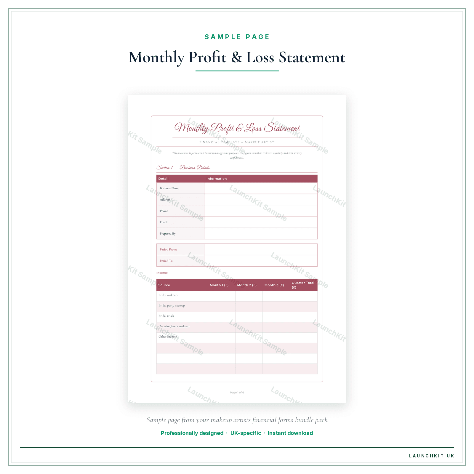 Monthly Profit & Loss Statement sample page from the Makeup Artists Financial Forms Bundle — Premium pack — watermarked LaunchKit Sample