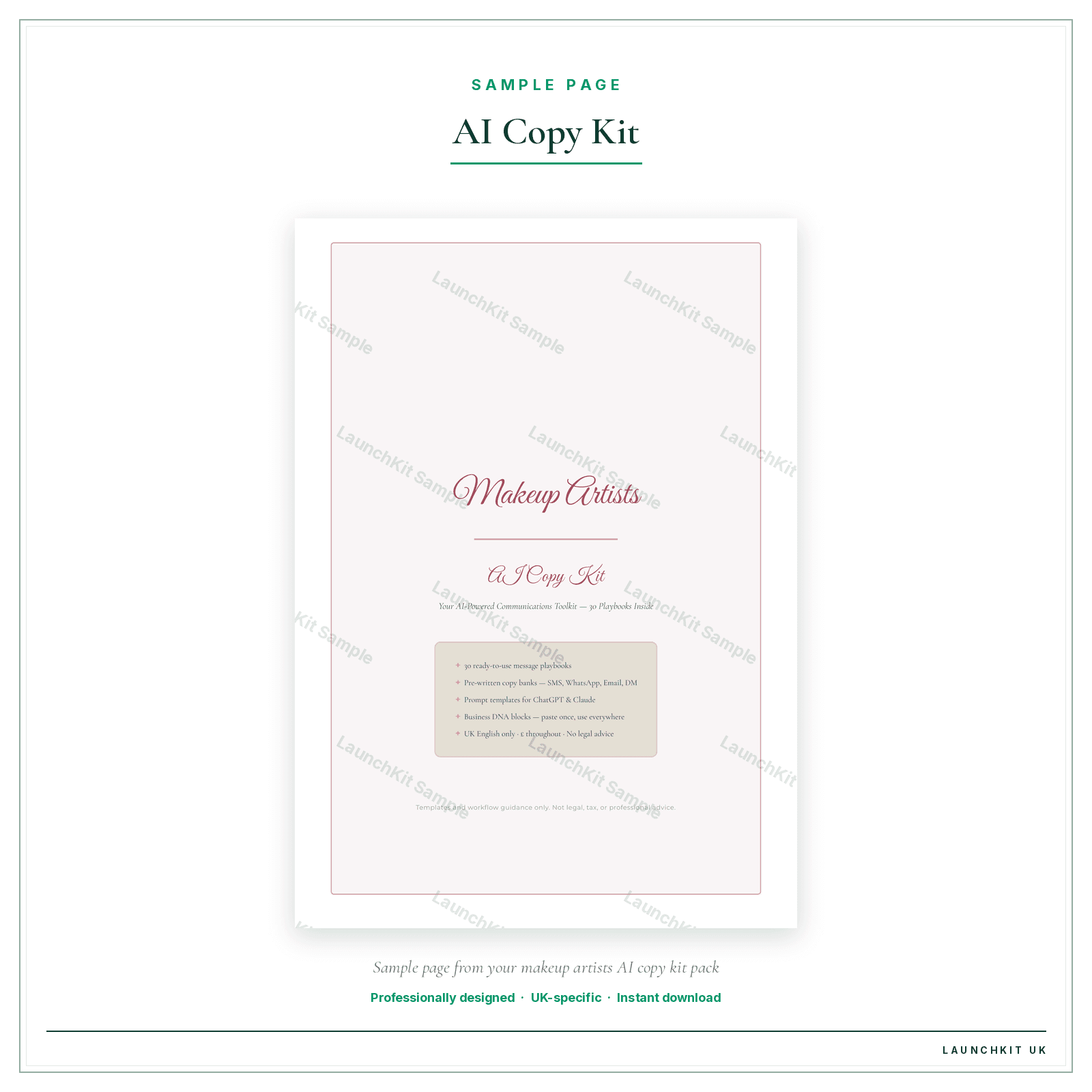 AI Copy Kit sample page from the Makeup Artists AI Copy Kit pack — watermarked LaunchKit Sample