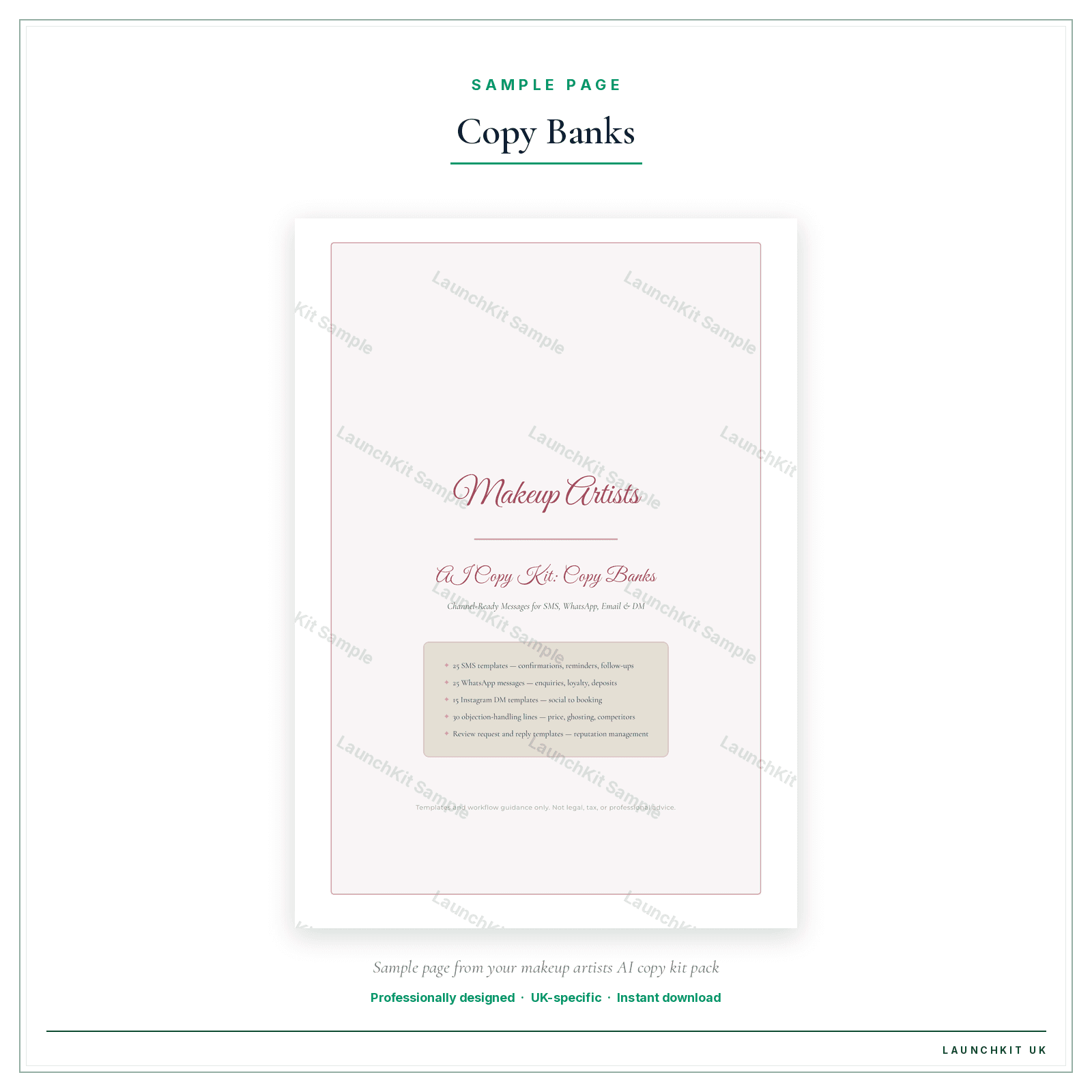 Copy Banks sample page from the Makeup Artists AI Copy Kit pack — watermarked LaunchKit Sample