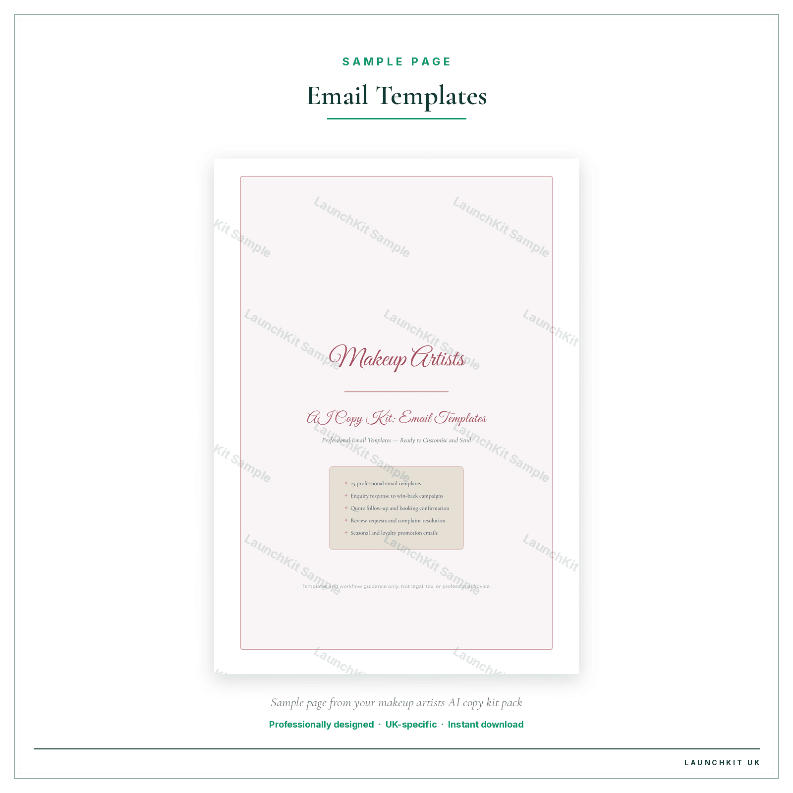 Email Templates sample page from the Makeup Artists AI Copy Kit pack — watermarked LaunchKit Sample