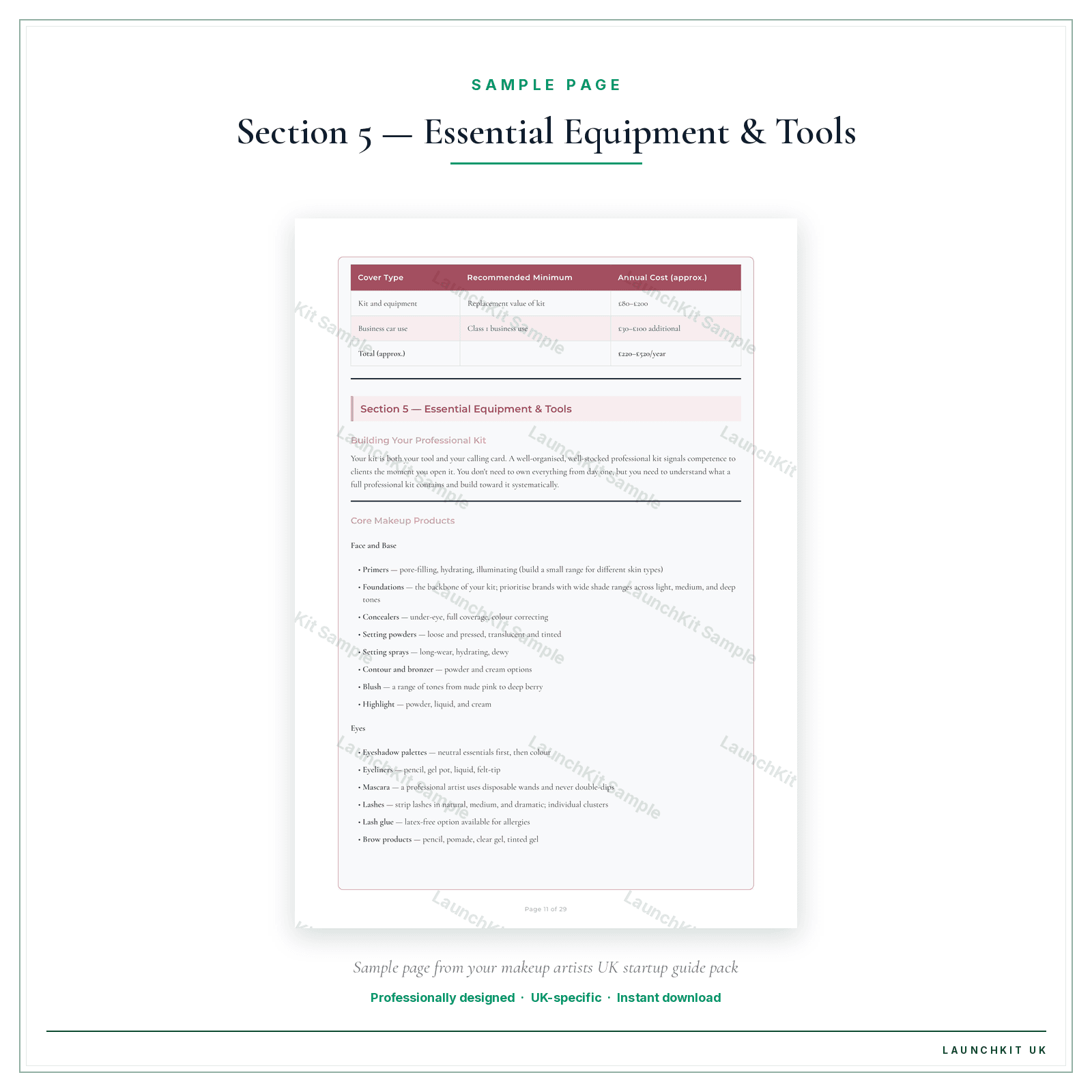 Section 5 — Essential Equipment & Tools sample page from the Makeup Artists Startup Guide pack — watermarked LaunchKit Sample