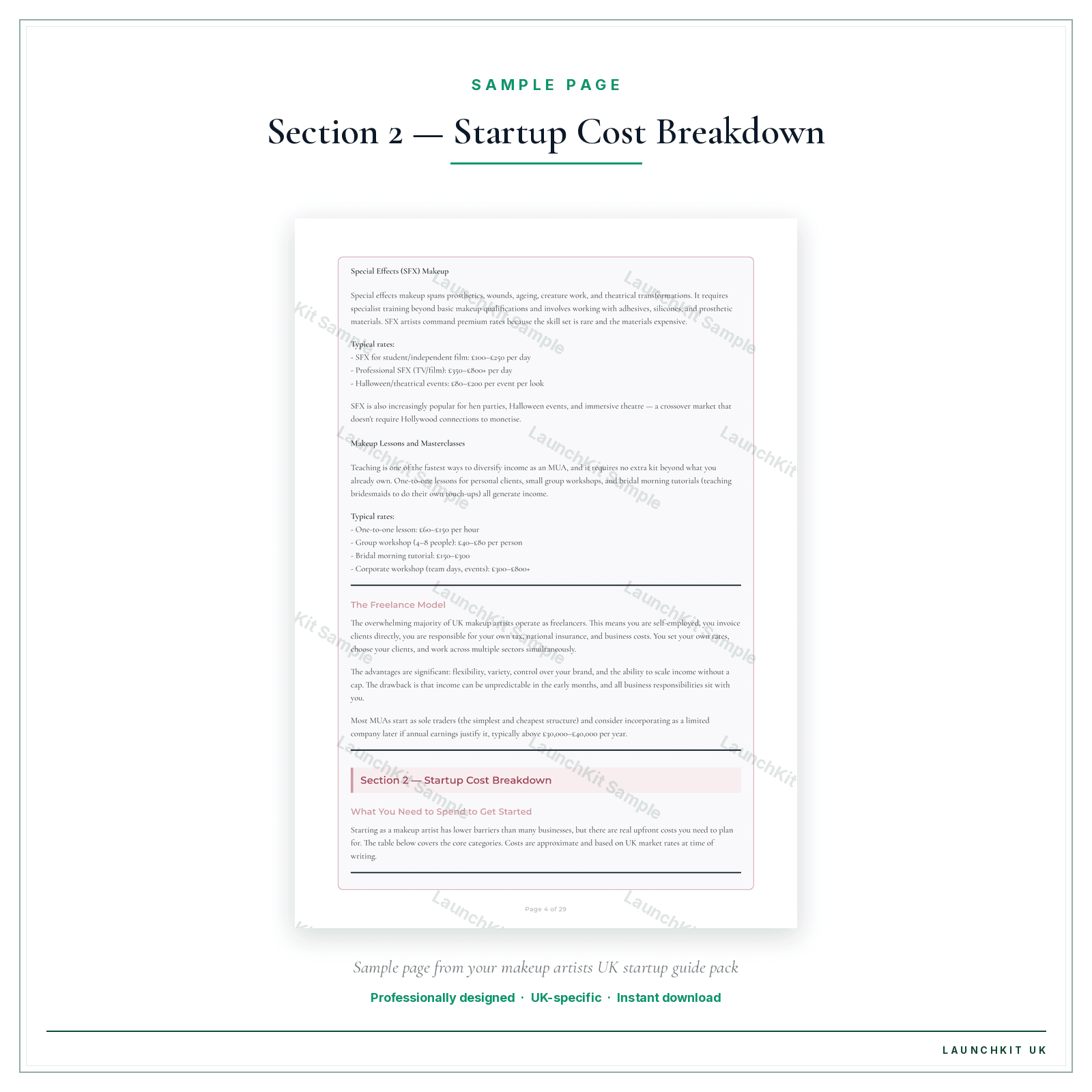 Section 2 — Startup Cost Breakdown sample page from the Makeup Artists Startup Guide pack — watermarked LaunchKit Sample