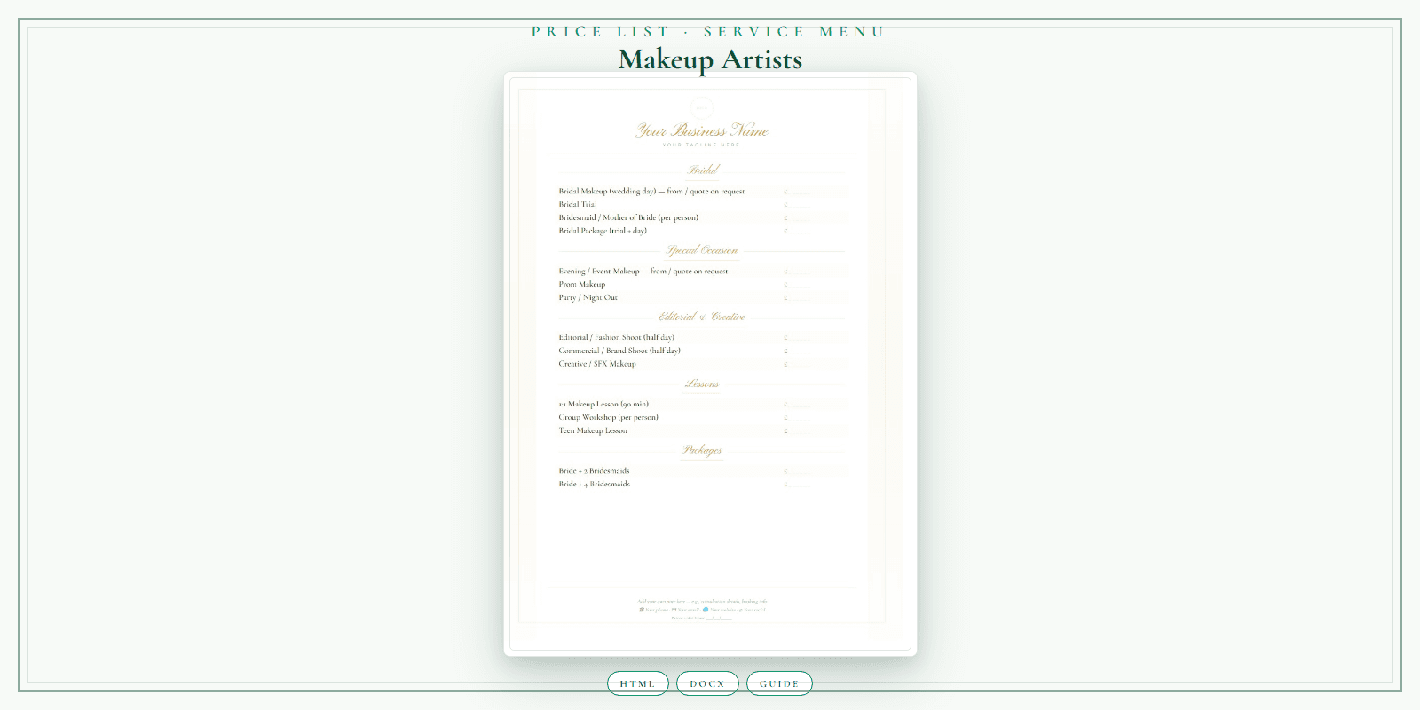 Makeup Artists — Price List & Service Menu, PDF product overview