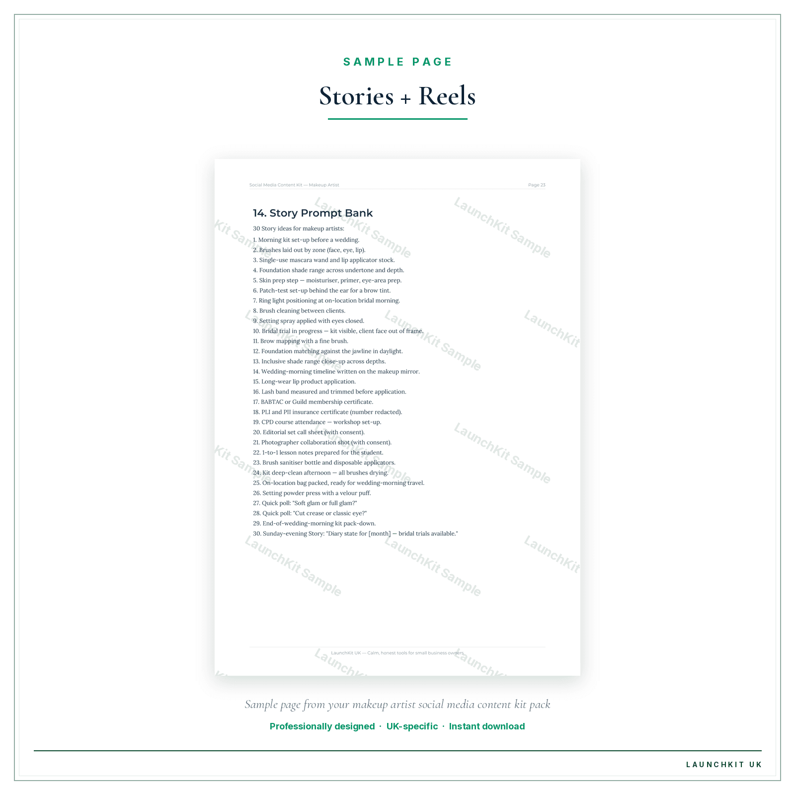 Stories + Reels sample page from the Makeup Artists Social Media Content Kit pack — watermarked LaunchKit Sample