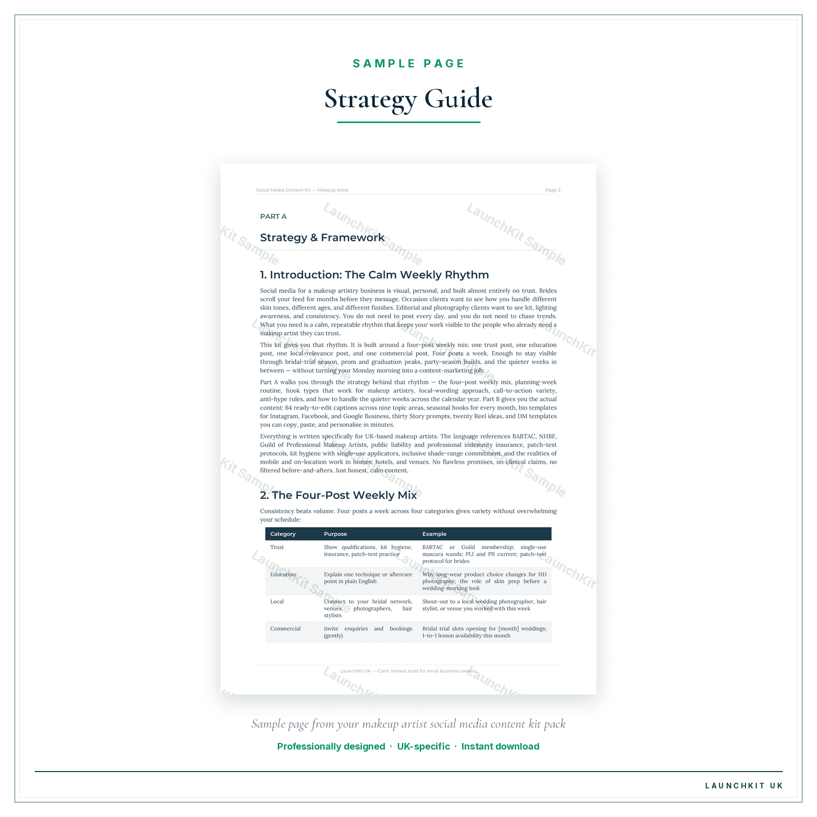 Strategy Guide sample page from the Makeup Artists Social Media Content Kit pack — watermarked LaunchKit Sample