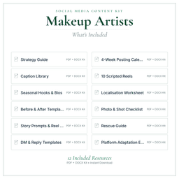 Makeup Artists — Social Media Content Kit, PDF and editable DOCX what's included preview