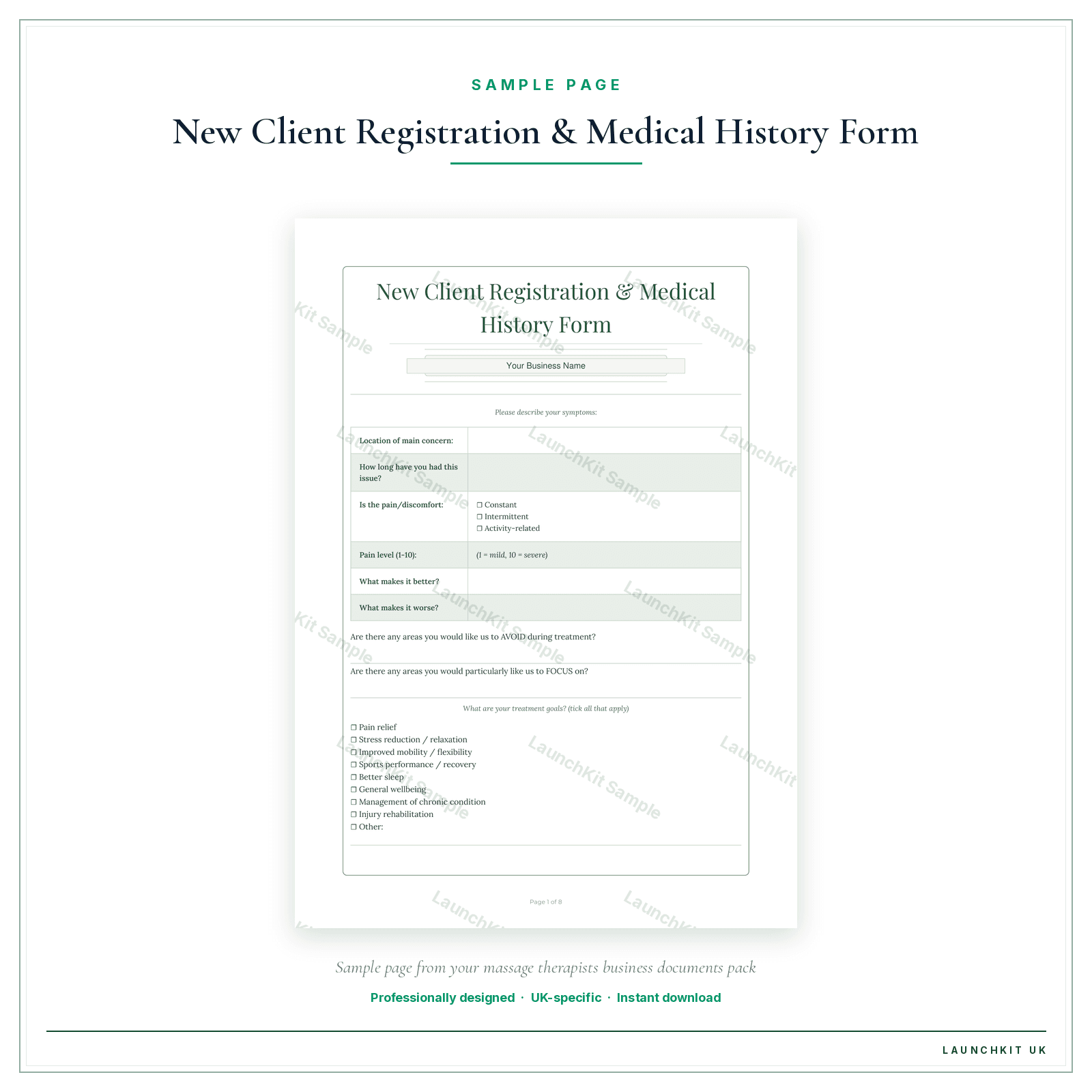 New Client Registration & Medical History Form sample page from the Massage Therapists Business Documents — Premium pack — watermarked LaunchKit Sample
