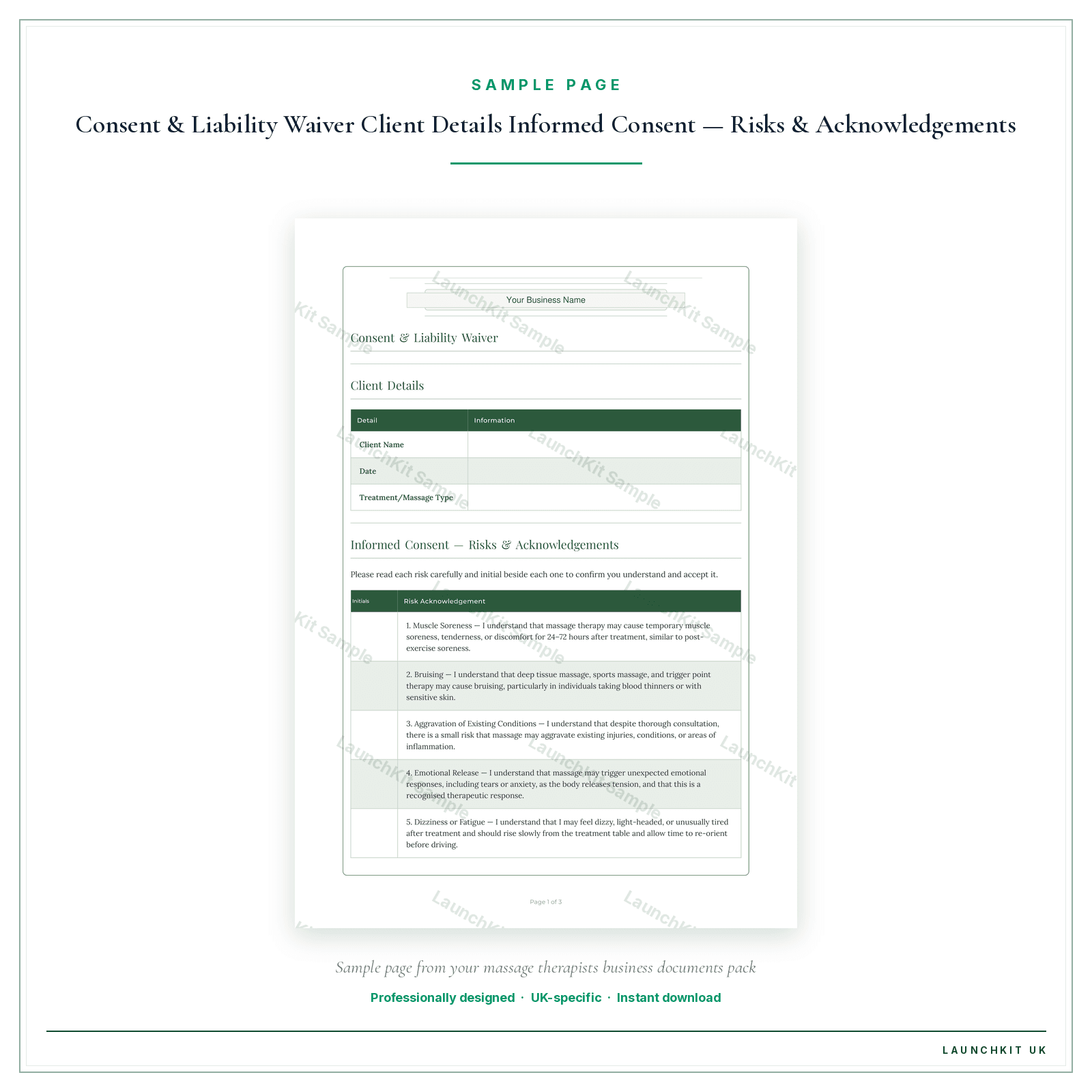 Informed Consent Liability Waiver sample page from the Massage Therapists Business Documents — Premium pack — watermarked LaunchKit Sample