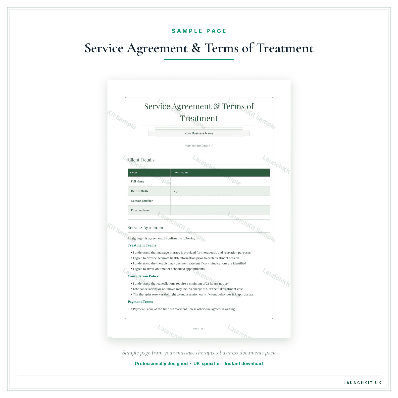 Service Agreement & Terms of Treatment sample page from the Massage Therapists Business Documents — Premium pack — watermarked LaunchKit Sample