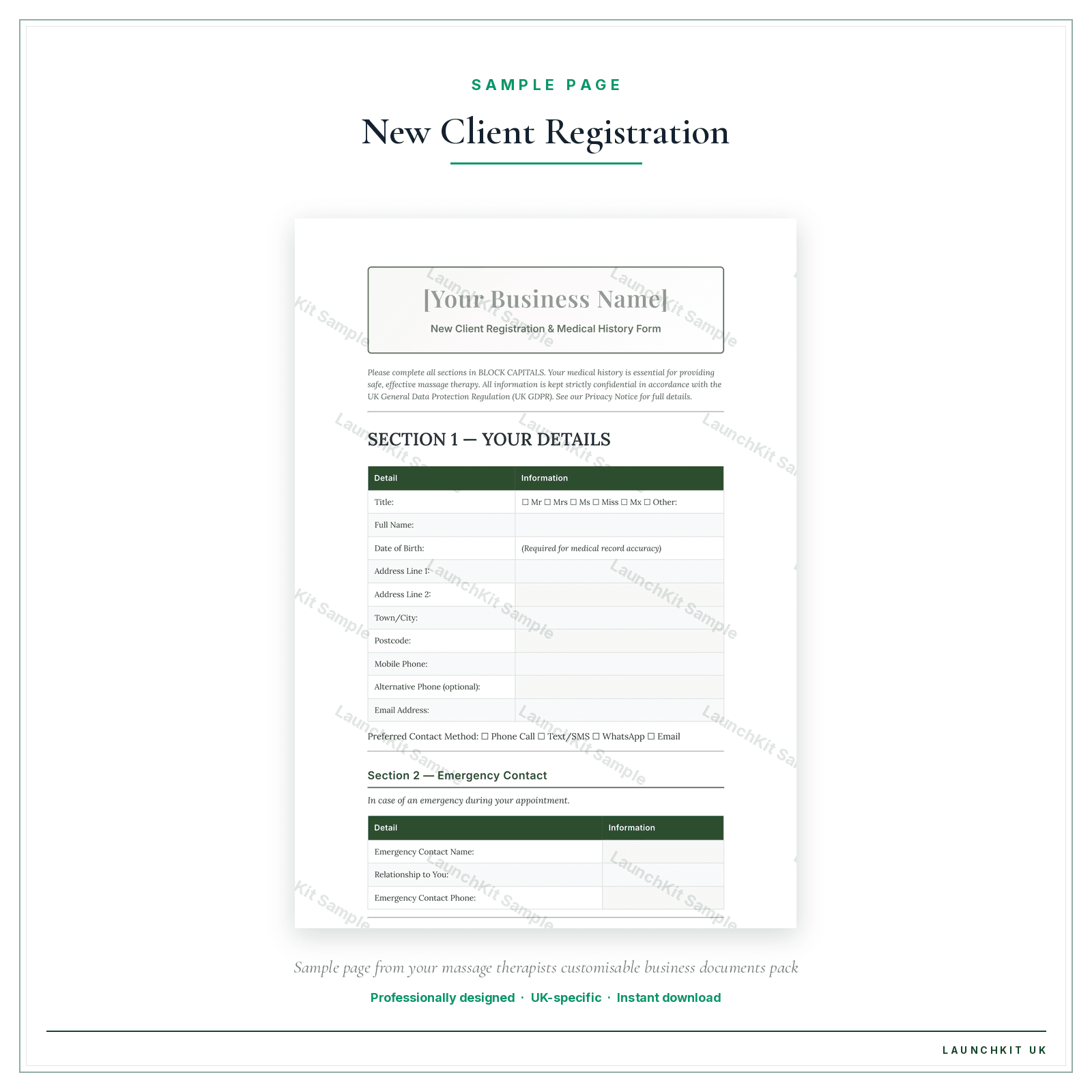 New Client Registration & Medical History Form sample page from the Massage Therapists Business Documents — Customisable pack — watermarked LaunchKit Sample