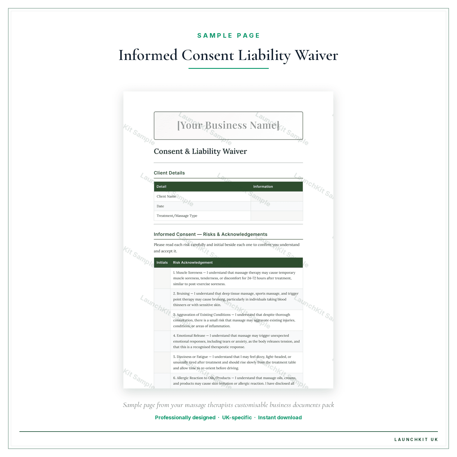 Informed Consent Liability Waiver sample page from the Massage Therapists Business Documents — Customisable pack — watermarked LaunchKit Sample