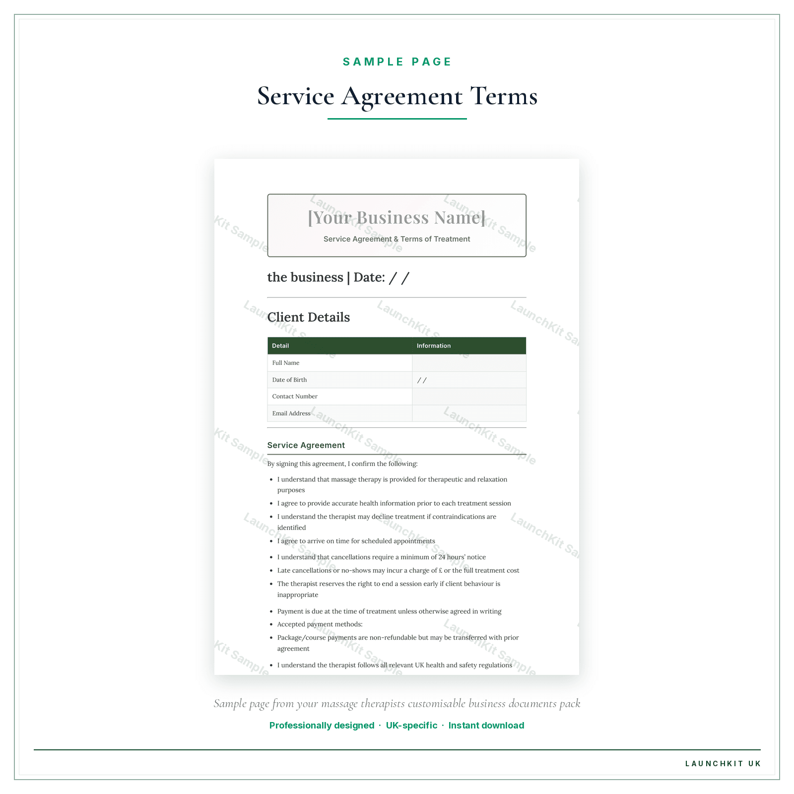 Service Agreement & Terms of Treatment sample page from the Massage Therapists Business Documents — Customisable pack — watermarked LaunchKit Sample