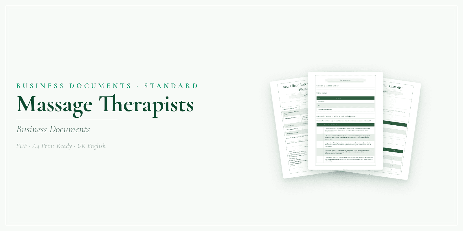 Massage Therapists — Business Documents — Standard, PDF with fillable header product overview
