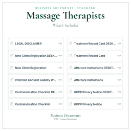 Massage Therapists — Business Documents — Standard, PDF with fillable header what's included preview