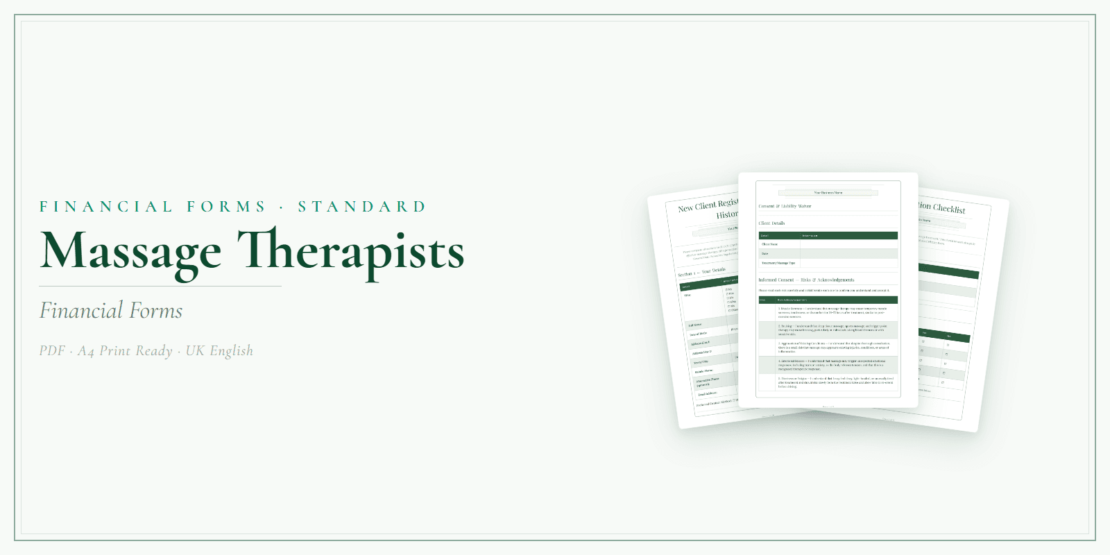 Massage Therapists — Financial Forms Bundle — Standard, PDF with fillable header product overview