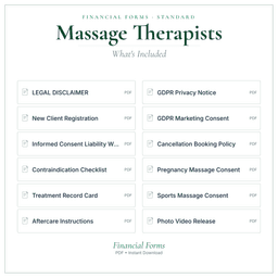 Massage Therapists — Financial Forms Bundle — Standard, PDF with fillable header what's included preview