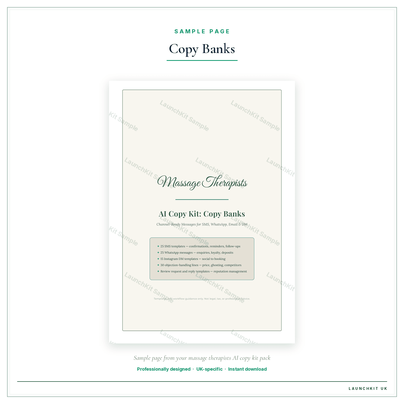 Copy Banks sample page from the Massage Therapists AI Copy Kit pack — watermarked LaunchKit Sample