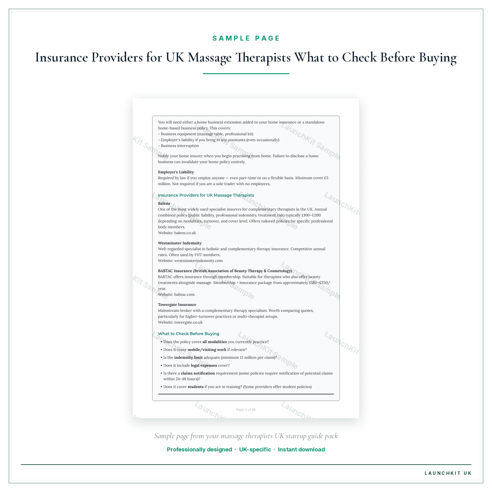 Insurance Providers for UK Massage Therapists What to Check Before Buying sample page from the Massage Therapists Startup Guide pack — watermarked LaunchKit Sample