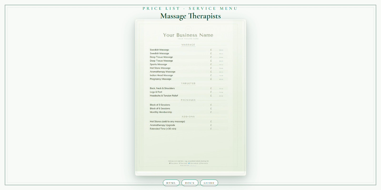 Massage Therapists — Price List & Service Menu, PDF product overview
