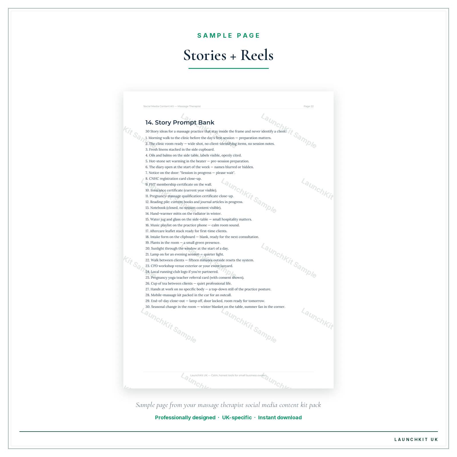 Stories + Reels sample page from the Massage Therapists Social Media Content Kit pack — watermarked LaunchKit Sample