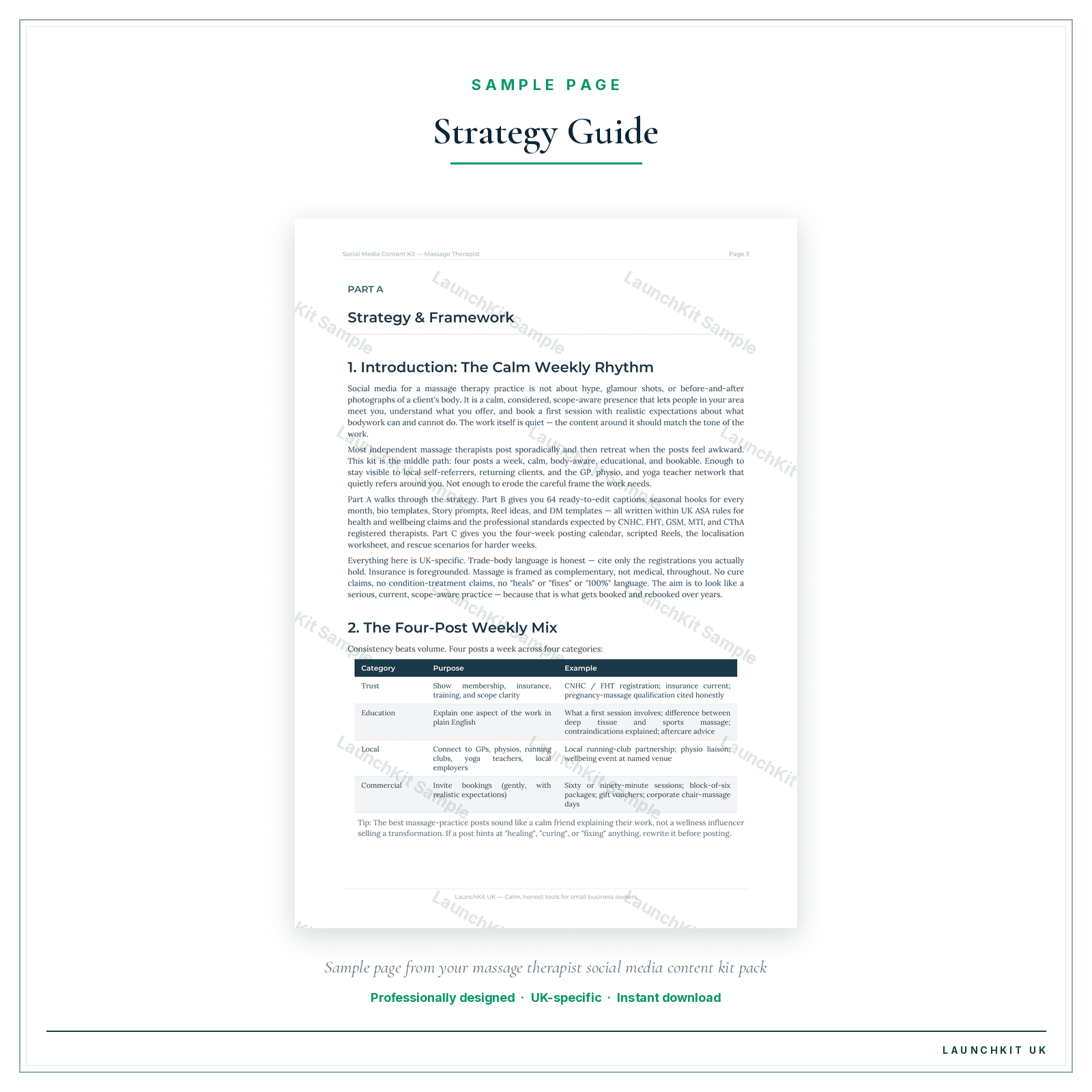Strategy Guide sample page from the Massage Therapists Social Media Content Kit pack — watermarked LaunchKit Sample