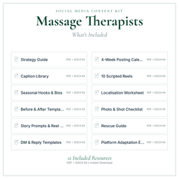 Massage Therapists — Social Media Content Kit, PDF and editable DOCX what's included preview