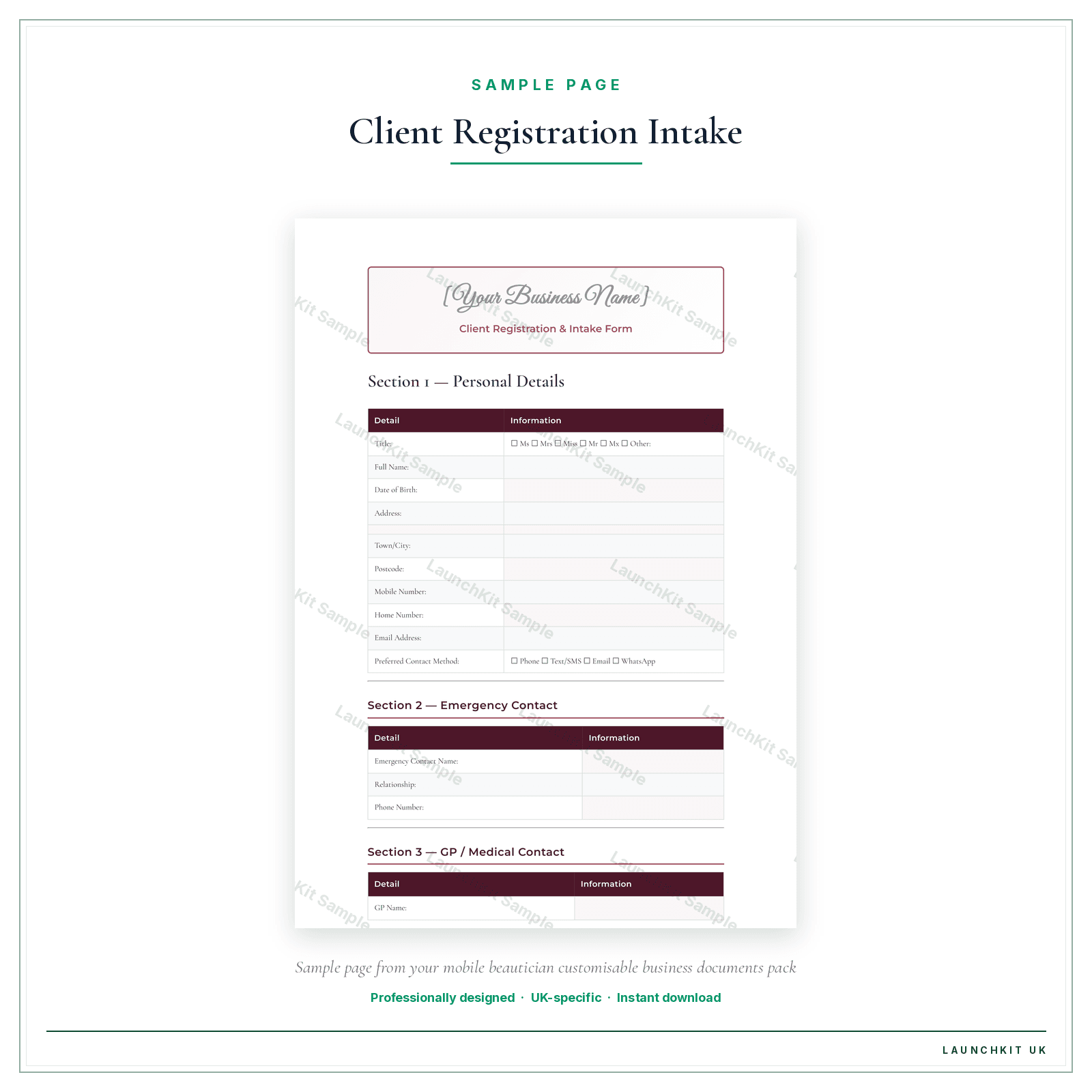 Client Registration & Intake Form sample page from the Mobile Beautician Business Documents — Customisable pack — watermarked LaunchKit Sample