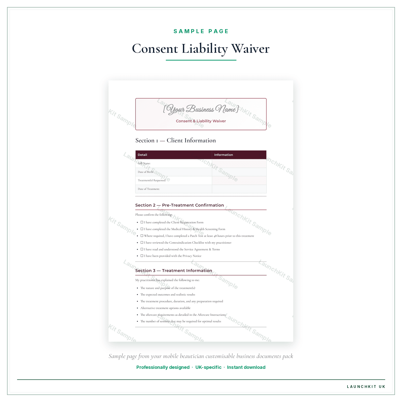 Consent & Liability Waiver sample page from the Mobile Beautician Business Documents — Customisable pack — watermarked LaunchKit Sample