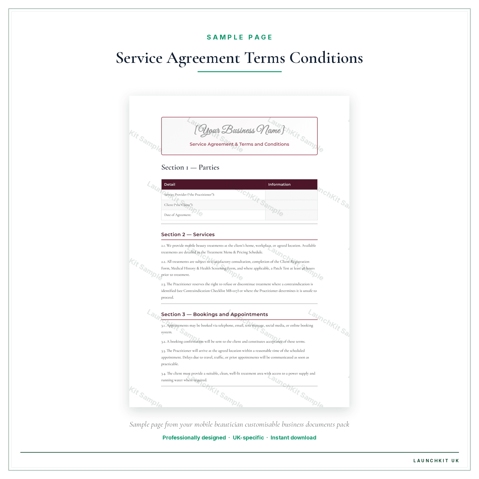 Service Agreement & Terms and Conditions sample page from the Mobile Beautician Business Documents — Customisable pack — watermarked LaunchKit Sample