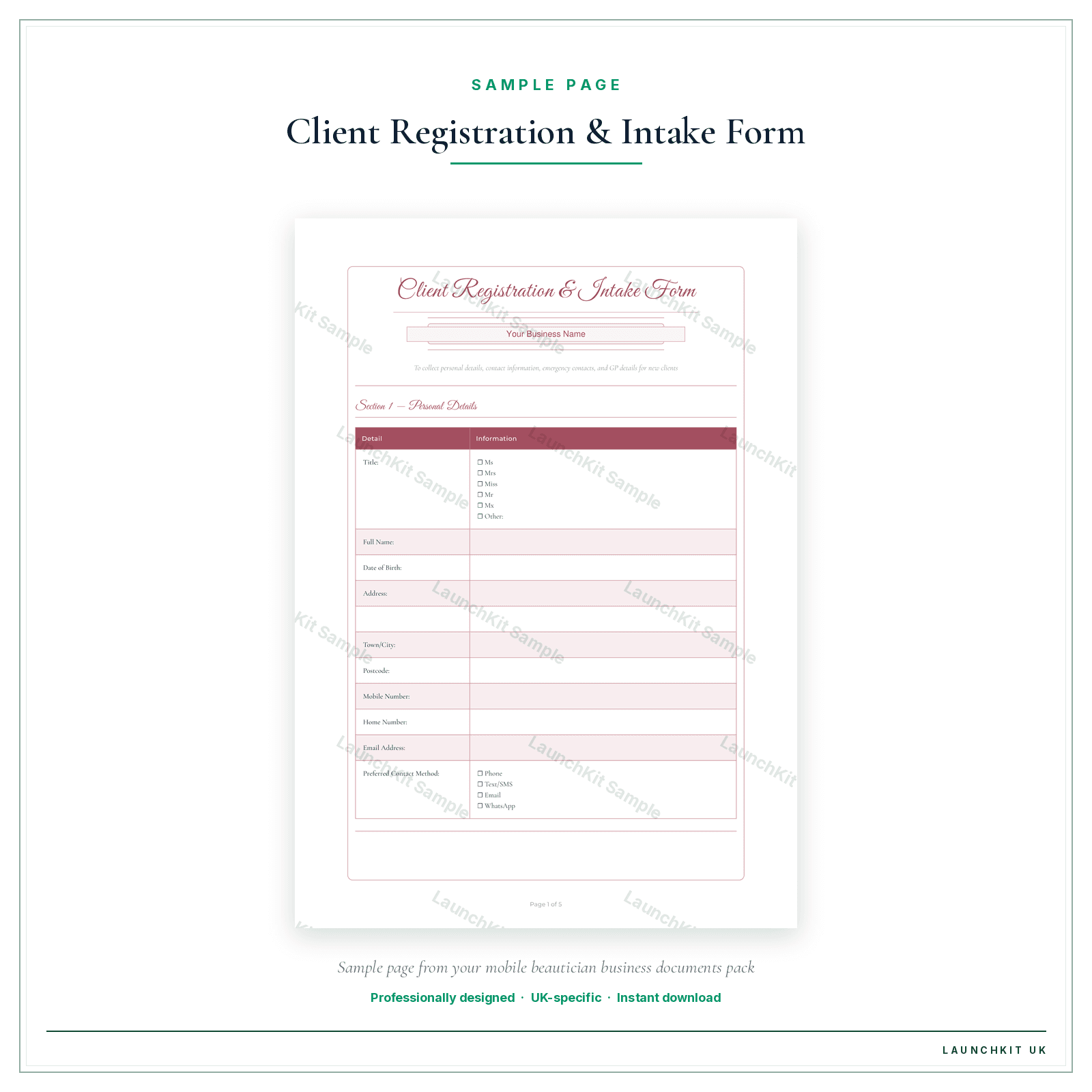 Client Registration & Intake Form sample page from the Mobile Beautician Business Documents — Standard pack — watermarked LaunchKit Sample